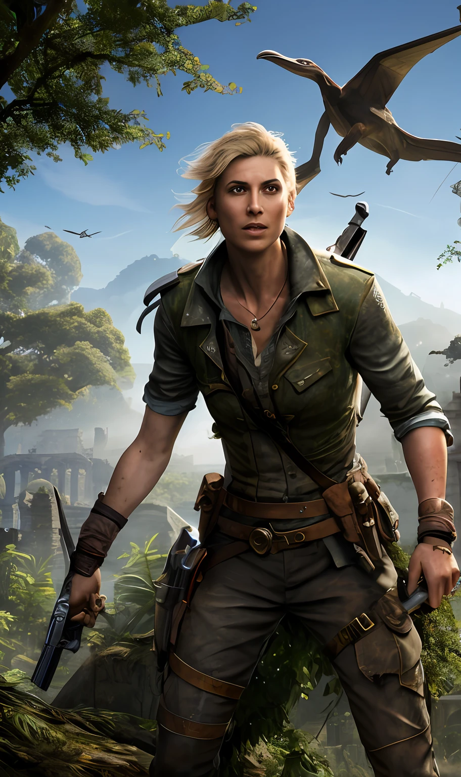 tmasterpiece，Best quality，A high resolution，Ellie Williams in a post-apocalyptic environment，Stand in the middle of a large field surrounded by overgrown greenery，a beautiful  woman，Riding a wild prehistoric cat，looking at viewert，Holding a weapon，A determined expression appeared on his face，(full bodyesbian), (the face:1.2), An ancient city is shown in the background，Covered with dense foliage and forest，Huge birds flying through the air，You can see the remains of the building through the greenery、rays of sunshine、sun rays peeking through the trees，Unique fusion of nature，Reclaim the ruins of the former city and the city that once stood，concept-art，Naughty Dog Studio，Highly detailed face，Popular on artstation，Popular on CGsociety，复杂，high detal，highly  detailed，Sharp focus，dramatics，realisticlying，realisticlying，sci-fy，fanciful，rendering by octane，ROW photo，depth of fields，rays of sunshine，