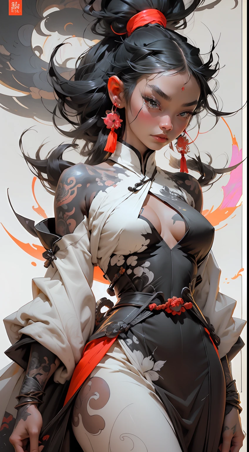 wuxia,vector art,1ebony woman with tattoos,black hair,white clothes,super colorful,luminous colorization,sharp, cinematic,dof,35mm,pintura luminosa