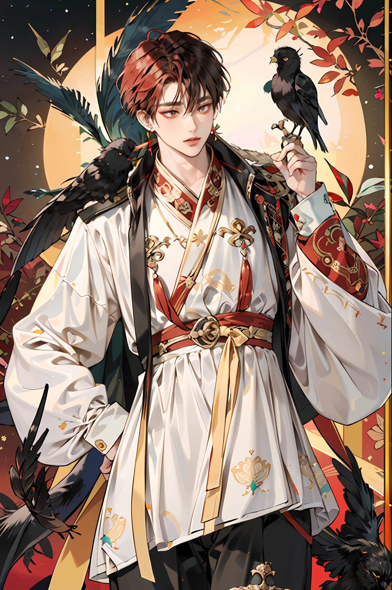 ((Masterpiece:1.2, Best quality)), super-fine, ultra-fine depiction, ultra-fine depiction, (zentangle:1.2), (Dynamic pose), (abstract backgrounds:1.5), Loose black hair,Celluloid style,(Messy hair),Golden pupils,(long eyelasher),(younge boy),Shota,ear studs,A masterpiece,The hair fades into feathers,(Moles in the corners of the eyes),Tiger Tooth,(Partially red hair),(Black sweatshirt,Black shorts,Unilateral black feathered wings),Full of details,Delicate metal,Metal earrings,On the shoulder stood a crow,Fire effects,Dappled moonlight,(One guy),(A head)