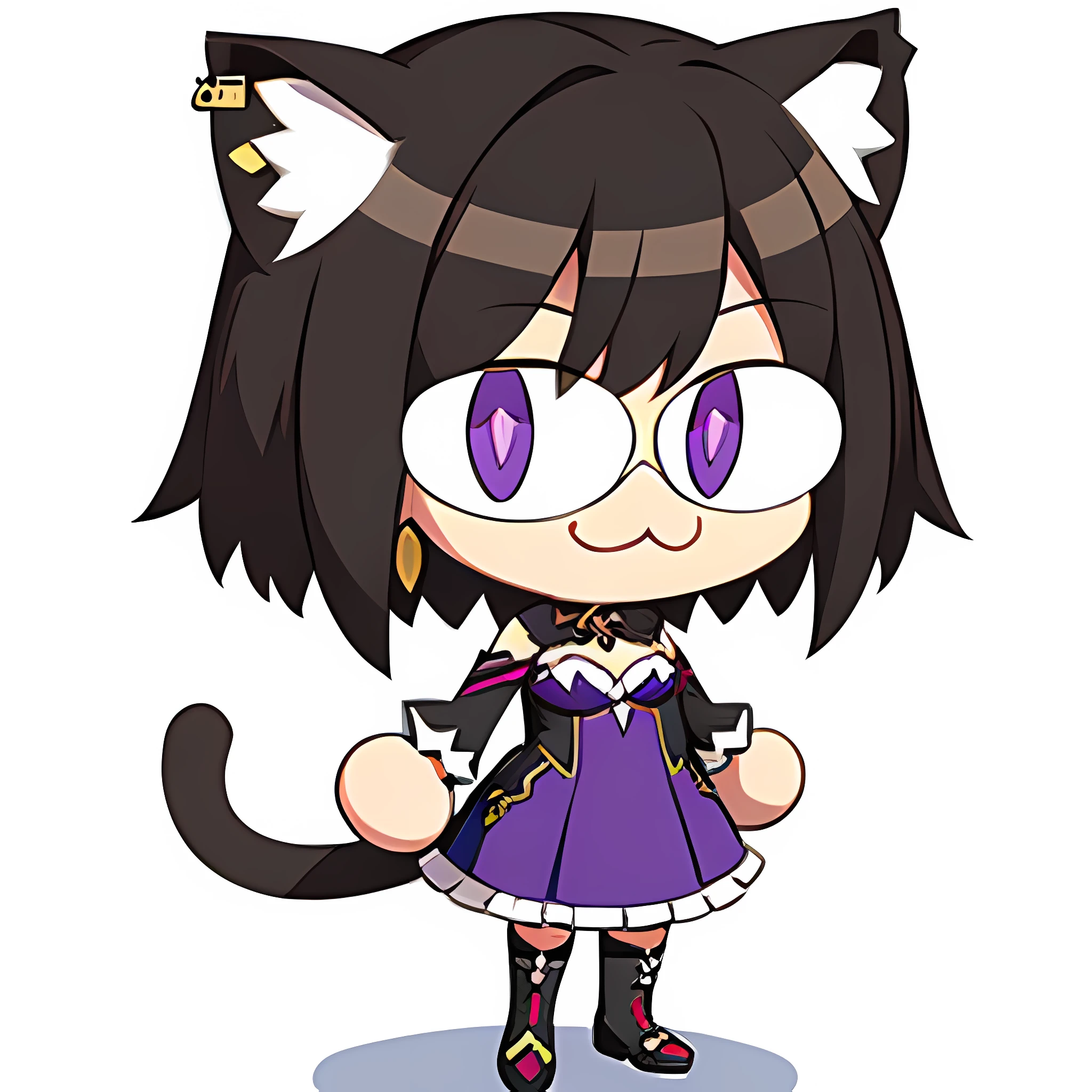 1girl, full body, :3, cat ears, chibi, cat girl, cat tail, solo, slit pupils, (short brown hair), glasses, (purple eyes), earrings, (black frilly dress), white background