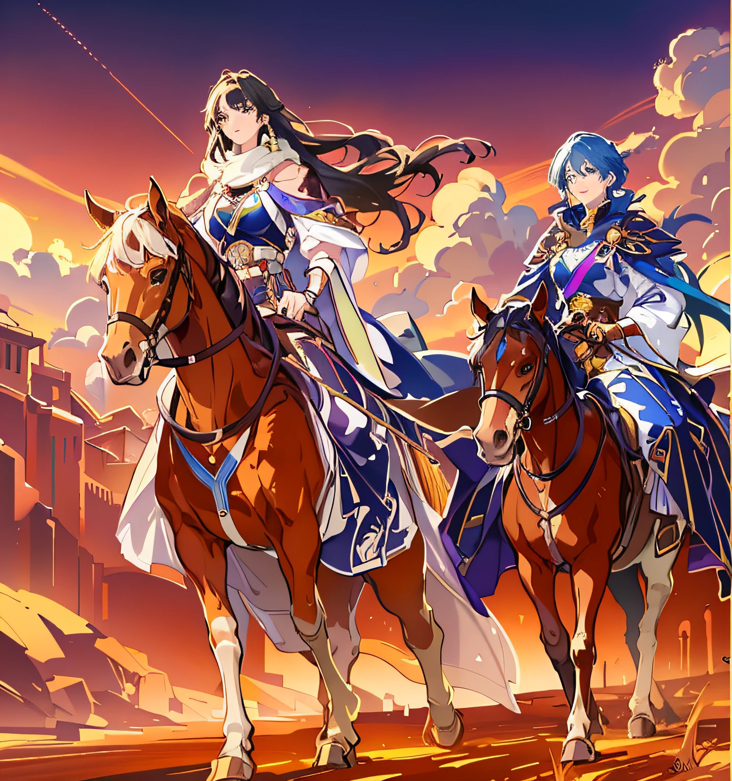Western cowboy style picture of two women riding horses in the desert,, Anime fantasy illustration, high detailed official artwork, Medieval architecture, Artgerm and Atey Ghailan, 4k manga wallpapers, offcial art, highly detailed exquisite fanart, trending on artstation pixiv,