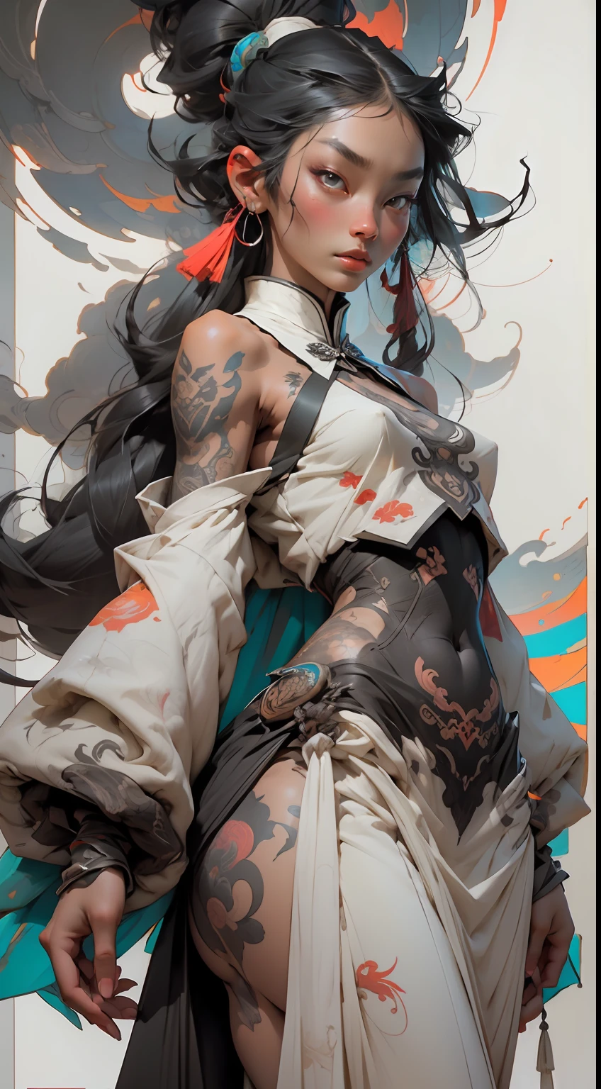 wuxia,vector art,1ebony woman with tattoos,black hair,white clothes,super colorful,luminous colorization,sharp, cinematic,dof,35mm,pintura luminosa
