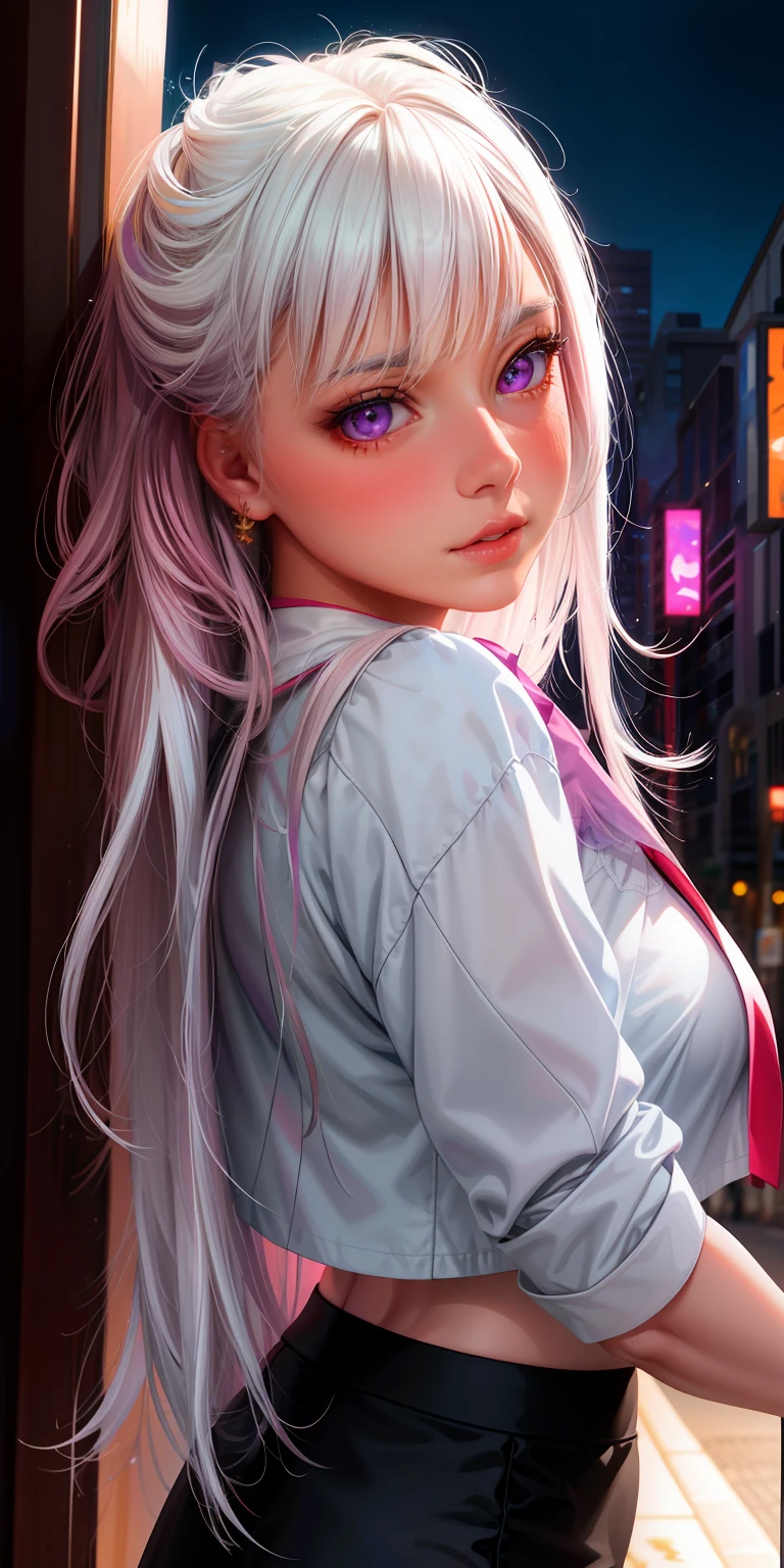 realistic, 1girl, white hair, purple eyes, glowing eyes, crop top, skirt, parted lips, blush, night, flowers, sun, sunlight,