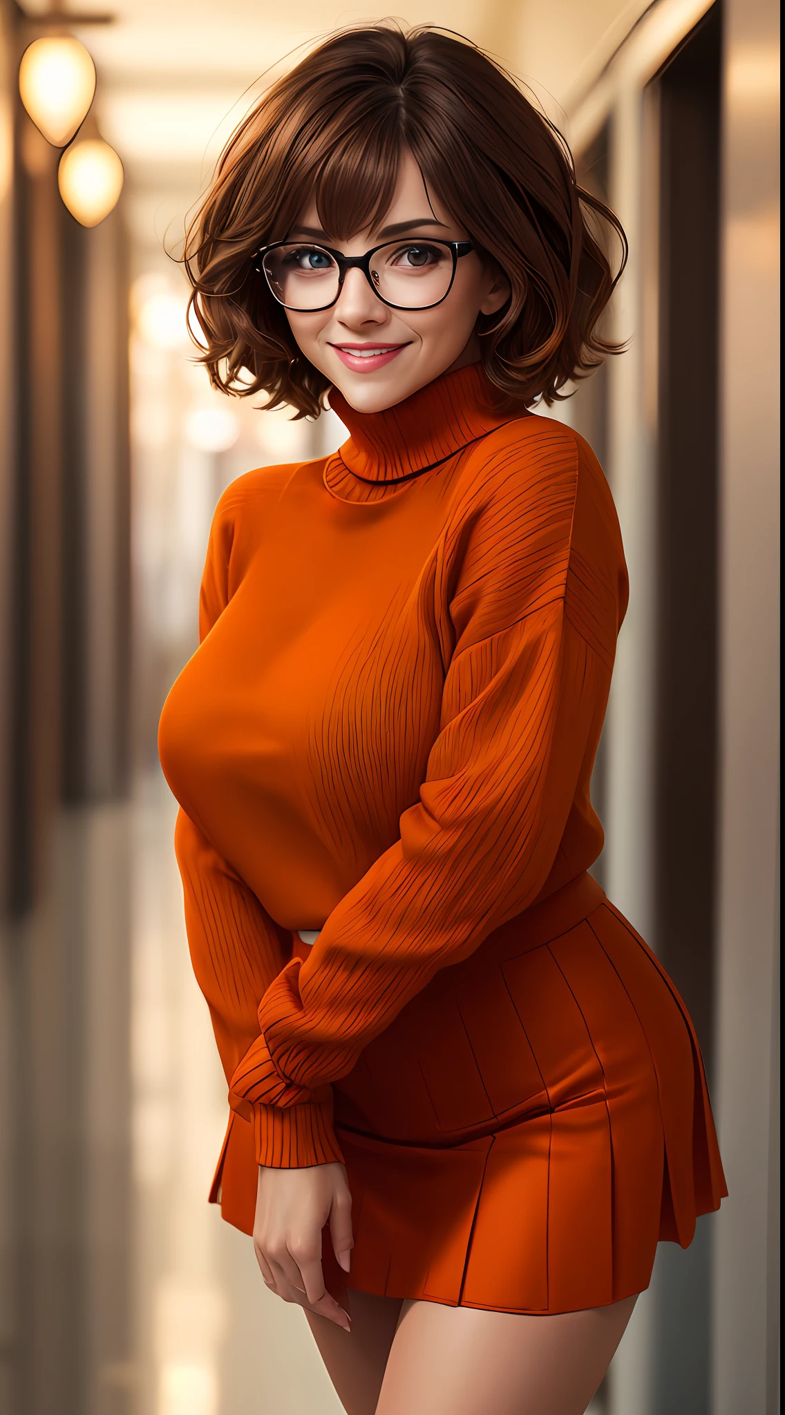 masterpiece, depth of field, photorealistic, absurdres, best quality, 8k, best quality, 1girl, female, mature, portrait, perfect lighting, cinematic lighting, looking at viewer, velma dace dinkley, solo, blush, breasts, brown eyes, (dark brown hair:1.2), glasses, medium breasts, lips, looking at viewer, nose, orange shirt, (orange sweater:1.2), short hair, smile, sweater, (turtleneck:1.2), turtleneck sweater, red skirt, orange socks, (tight clothing), portrait, school, (day:1.2), school hallway, smile, depth of field, happy, magnificant glass