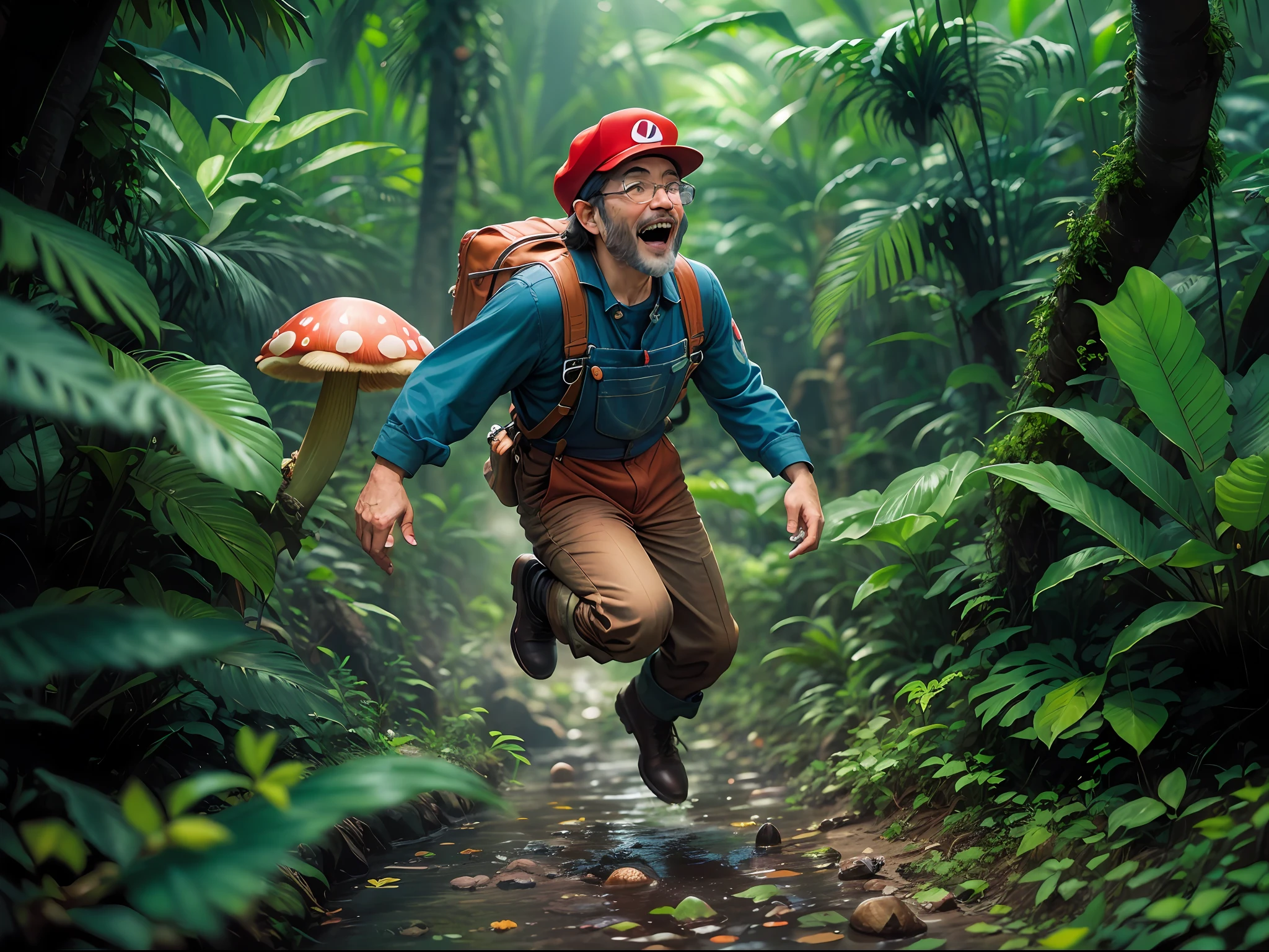 color photo of: Mario adventuring through a tropical rainforest, with realistic, dense vegetation, muddy ground, colorful mushrooms, massive trees, dampness, aerial roots, and vines.
red and blue overalls, red hat, white gloves, brown boots, jumping with a happy expression, jungle background, playful and adventurous spirit, Canon EOS R6 camera, Fujifilm Fujicolor Pro 400H film, 35mm lens, natural lighting, Shigeru Miyamoto, Hayao Miyazaki, Steven Spielberg, Gucci, Louis Vuitton