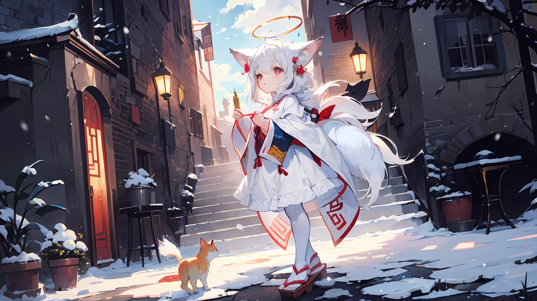 Han Chinese Clothing,profile,full body,perspective,cinematic angle,ultrawide shot,overall view,,lens flare,snow,alpine,blue sky with clouds,snowfield,mountain,nature,Alps,petite,fox girl,slender waist,infant,infant,fox_ears,long hair,ahoge,white_hair,red_eyes,white_hair,red_eyes,looking afar,kemomimi,standing,arms behind back,slim legs,beautiful_face,cold attitude,beautiful detailed eyes,sweet_lolita,Han Chinese Clothing,white pantyhose,thighhighs,geta,suspenders,ribbon,halo,hair flower,hair stick,tail,tiny_chest,tiny_chest,beautiful detailed sky,ray tracing,masterpiece,Clear picture,sunlight,leg ring,ahoge,