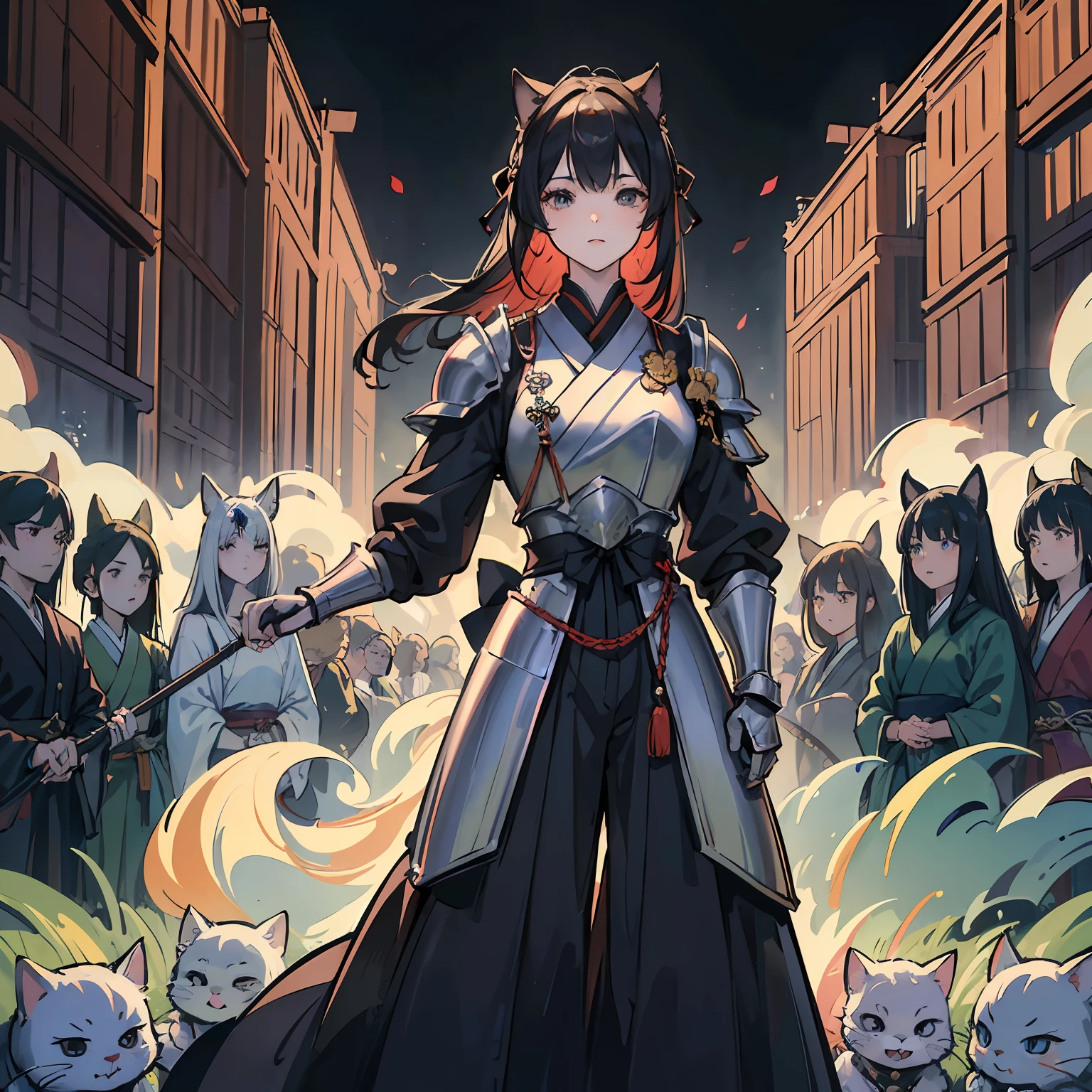 ((Master masterpiece)), ((Top image quality)), illustratio, The girls1Guys, Hair color, Bangs, Hairstyle Fax,Cat's ears、 slender、constricted hips、A dark-haired、((Wearing armor))、Japanese armor、Hold the bow、battle field、Surrounded by skeleton soldiers