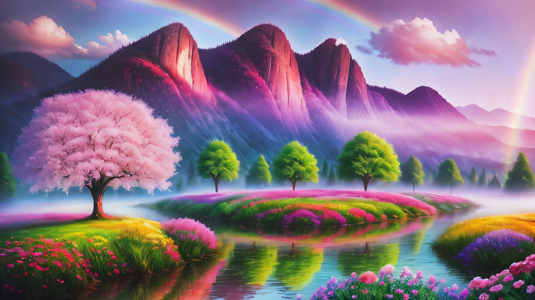 Gorgeous surrealistic landscape with a dreamy atmosphere, featuring a majestic tree in the center, surrounded by a beautiful river, misty mountains, and vibrant flowers. The scene is illuminated by a warm and soft light that wraps the trees and flowers in a delicate glow. Add in a rainbow-colored sky with fluffy clouds and a hint of fantasy elements.