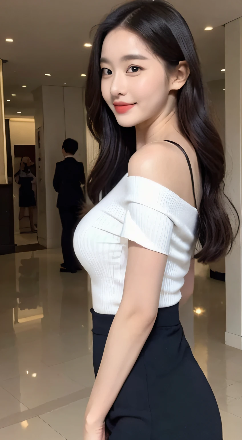 A girl around 32 years old,simplicity,Extremely beautiful and delicate,(light make-up),black color hair,A sweet smile,Delicate and beautiful fair skin,Realistic and realistic,exquisite and complete facial features,Detailed depiction of the face,tall nose bridge,Red lips,Beautiful, gentle and beautiful girl,Smooth hair,Extremely delicate hair,Feminine temperament,Fill your face light,hyper realisitc,photorealestic,8K quality,extremy detailed,Realistic details,Works of masters,Realistic to the extreme,big breasts body,Beautiful,Pure desire,Stunning beauty,Peerless beauty,Highest image quality,8K分辨率,goddes,ssmile,Fine facial features,Hair over the shoulder,A brown-haired,Large long thick legs,(((High-waisted French top))),(((short skirt))),rays of sunshine,facing at camera,The body is well-proportioned and firm,Gentle eyes,exposing thighs,stand posture,Stand inside the mall,Full body photo