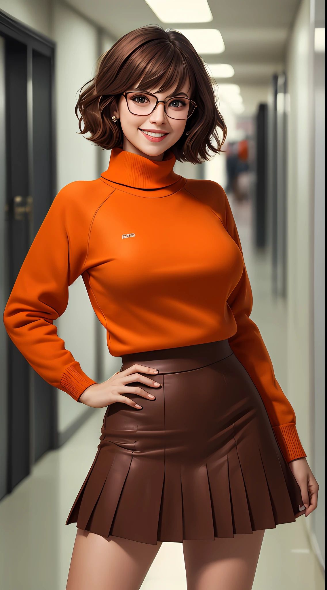 masterpiece, depth of field, photorealistic, absurdres, best quality, 8k, best quality, 1girl, female, looks young, portrait, perfect lighting, cinematic lighting, looking at viewer, velma dace dinkley, (perfect body), solo, blush, breasts, brown eyes, (dark brown hair:1.2), glasses, medium breasts, lips, looking at viewer, nose, orange shirt, (orange sweater:1.2), short hair, smile, sweater, (turtleneck:1.2), turtleneck sweater, red skirt, orange socks, (tight clothing), portrait, school, (day:1.2), school hallway, smile, depth of field, happy, magnificant glass