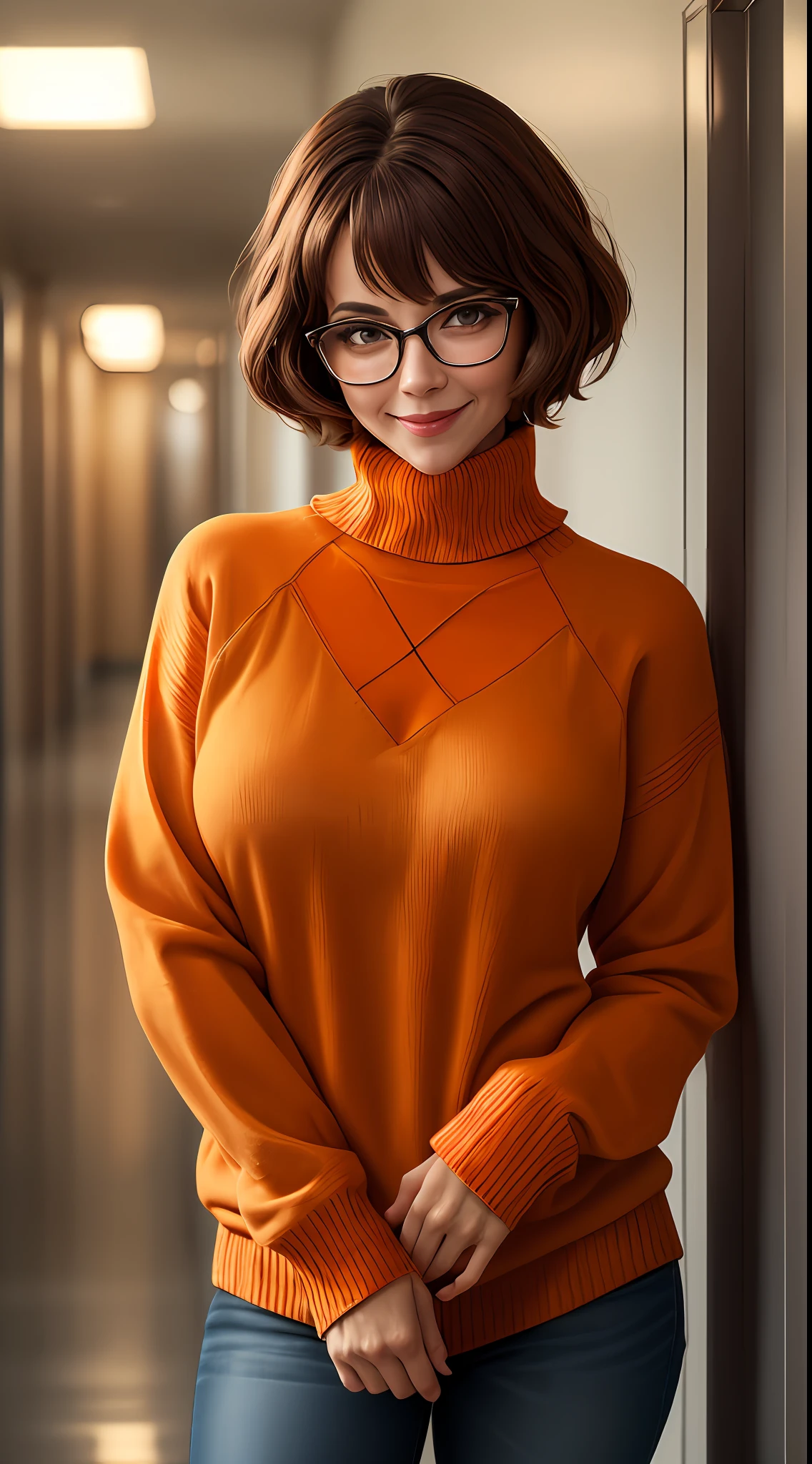masterpiece, depth of field, photorealistic, absurdres, best quality, 8k, best quality, 1girl, female, mature, portrait, perfect lighting, cinematic lighting, looking at viewer, velma dace dinkley, solo, blush, breasts, brown eyes, (dark brown hair:1.2), glasses, medium breasts, lips, looking at viewer, nose, orange shirt, (orange sweater:1.2), short hair, smile, sweater, (turtleneck:1.2), turtleneck sweater, portrait, school, (day:1.2), hallway, smile, depth of field, happy, magnificant glass