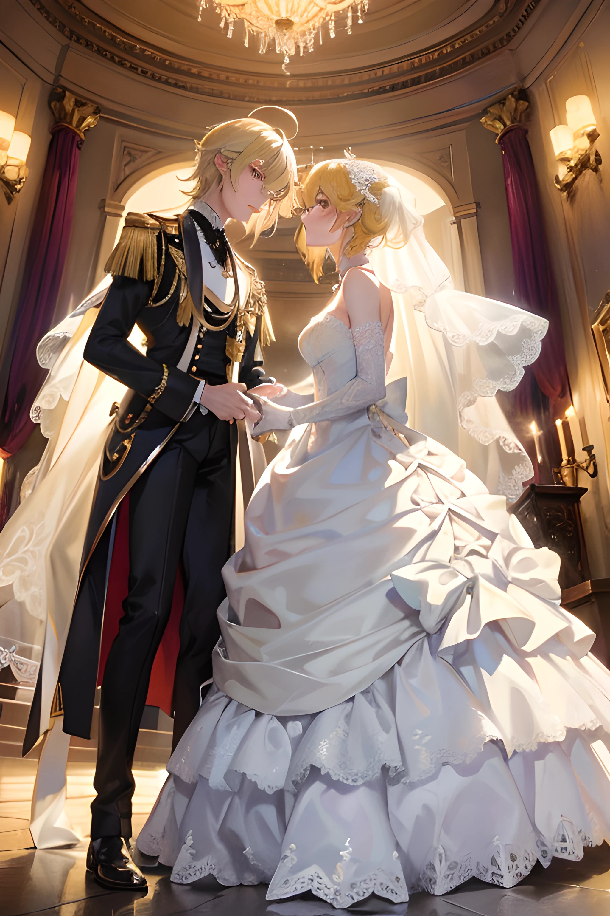 tmasterpiece,1 girlirl,1 boy,(ssmile),(Look at each other),(delicated face),Light yellow hair,Ultra detailed, (Detailed drawn hands), (best qualtiy),((tmasterpiece)) Wedding princess dress,lens flare glow,Light yellow hair,Purple eye,,Pure side,good-looking face,Full body like,Look at each other affectionately,A flowing wedding dress,gossamer。ssmile,Stand face to face,white wedding gown,Look at each other,Look at each other,Stylish wedding dresses,tailcoat,leather shoes,Enchanting,white business suit,