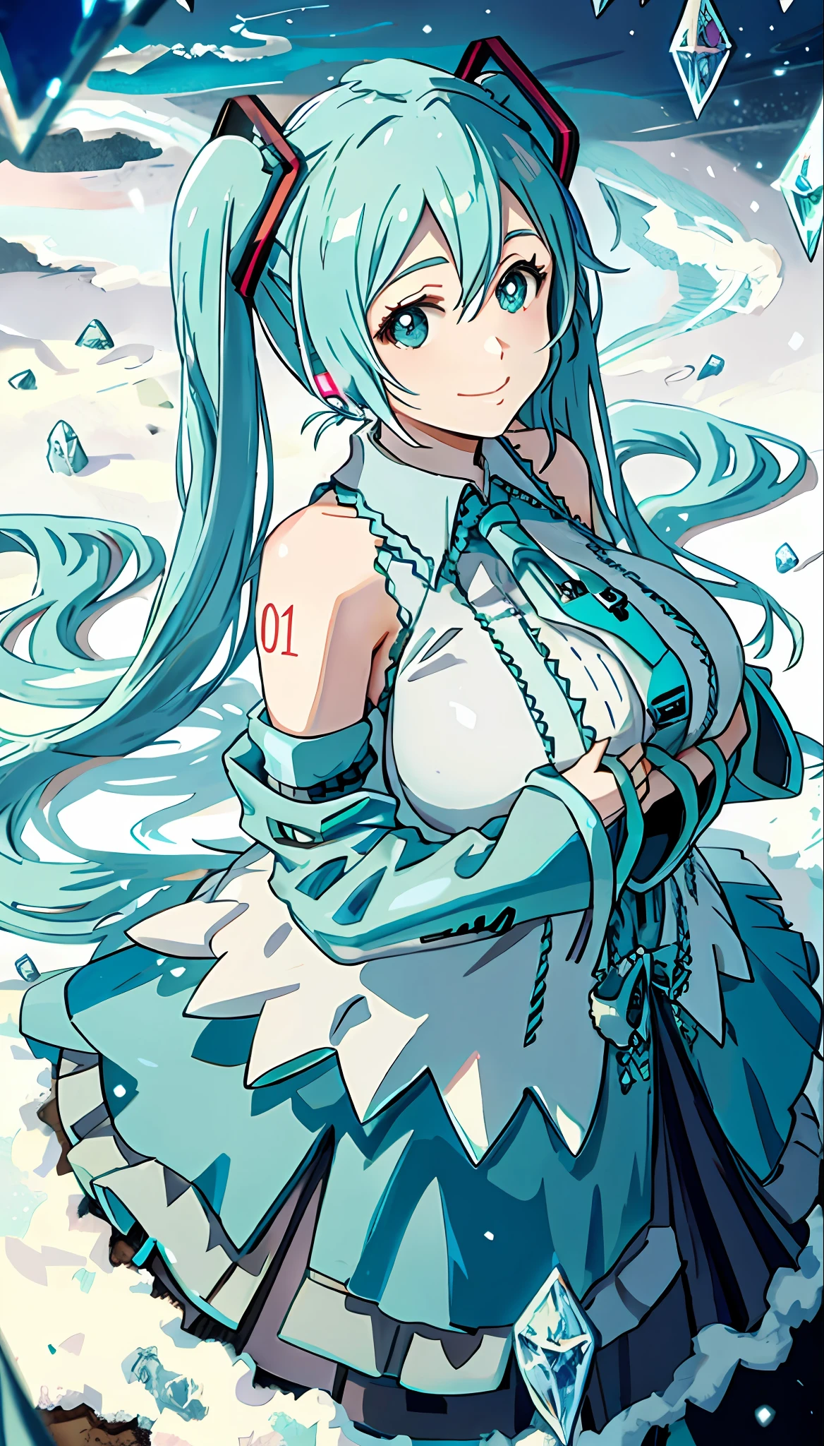 Hatsune Miku, a large breast、A slight smile、IceMagicAI