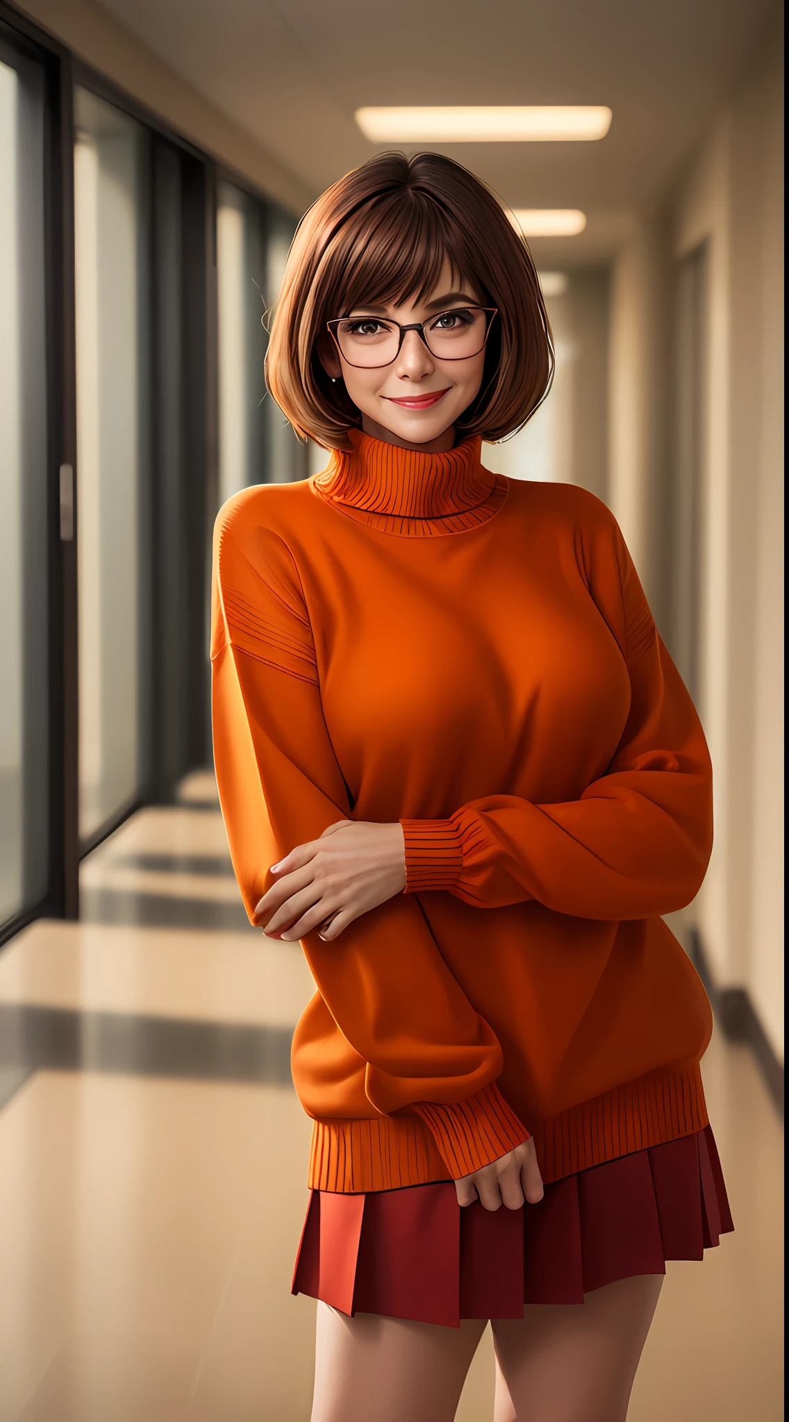 masterpiece, depth of field, photorealistic, absurdres, best quality, 8k, best quality, 1girl, female, mature, portrait, perfect lighting, cinematic lighting, looking at viewer, velma dace dinkley, solo, blush, breasts, brown eyes, (dark brown hair:1.2), glasses, medium breasts, lips, looking at viewer, nose, orange shirt, (orange sweater:1.2), short hair, smile, sweater, (turtleneck:1.2), turtleneck sweater, red skirt, orange socks, portrait, school, (day:1.2), hallway, smile, depth of field, happy, magnificant glass
