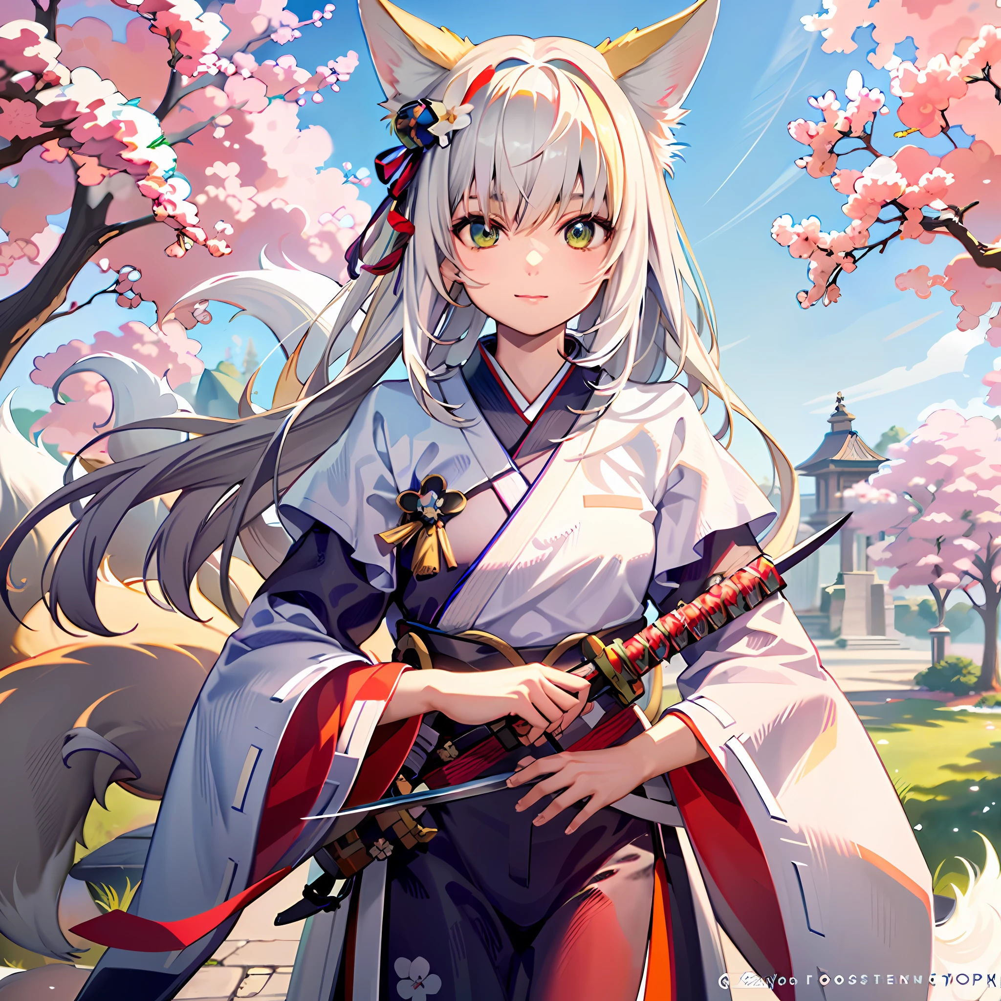 Anime girl with white hair and sword in the park, White-haired fox, fox nobushi, style of anime4 K, fox nobushi holding a naginata, Digital anime art, beautiful anime catgirl, Detailed digital anime art, white fox anime, Very beautiful anime cat girl, Kitsune, Digital anime illustration, a beautiful kitsune woman