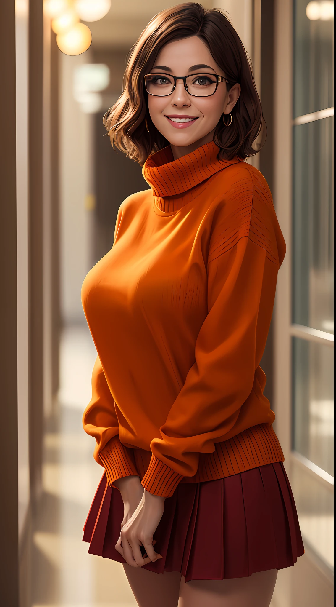 masterpiece, depth of field, photorealistic, absurdres, best quality, 8k, best quality, 1girl, female, mature, portrait, perfect lighting, cinematic lighting, looking at viewer, velma dace dinkley, solo, blush, breasts, brown eyes, (dark brown hair:1.2), glasses, medium breasts, lips, looking at viewer, nose, orange shirt, (orange sweater:1.2), short hair, smile, sweater, (turtleneck:1.2), turtleneck sweater, red skirt, orange socks, portrait, school, (day:1.2), hallway, smile, depth of field, happy, magnificant glass