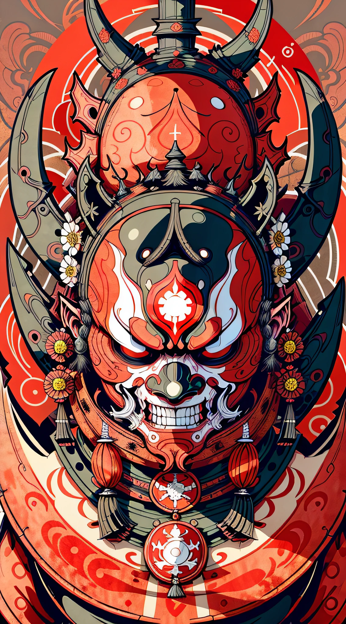 Portrait mask, illustrator, vector illustration, masterpiece, high quality, 8k, high resolution, high detail, japanese, onmyoji, (panru: 1.2), horror, evil, close-up, facing the audience, japanese pattern background