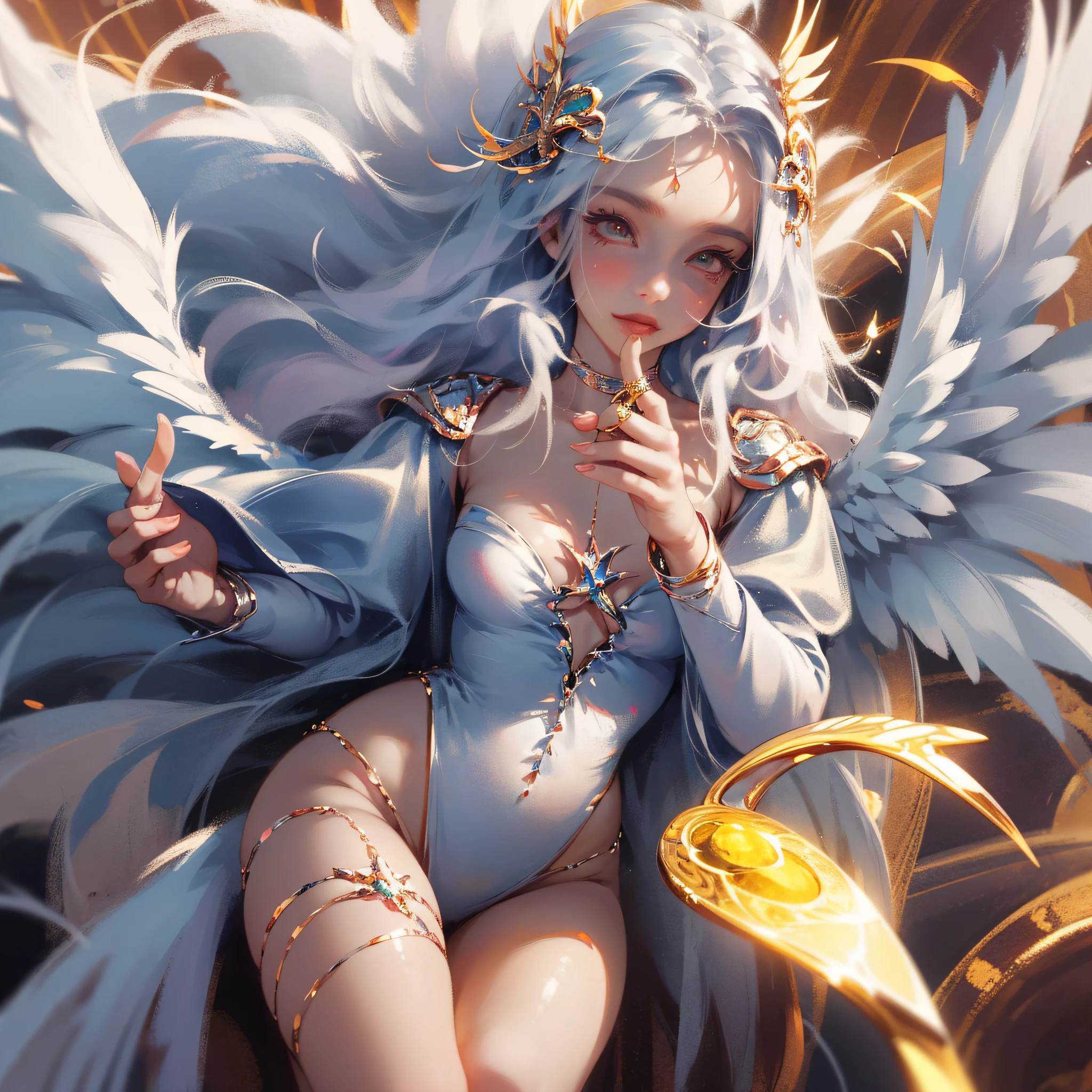 Very cute angel girl,Super detailed face,gem-like eyes,Extra-long white hair,Colorful gradient hair,angel ring,angel wing,full bodyesbian, Perfect 2 arms, Perfect 2 legs, Perfect 4 fingers: 1 thumb, Light light, The sheen, bokeh, super-fine