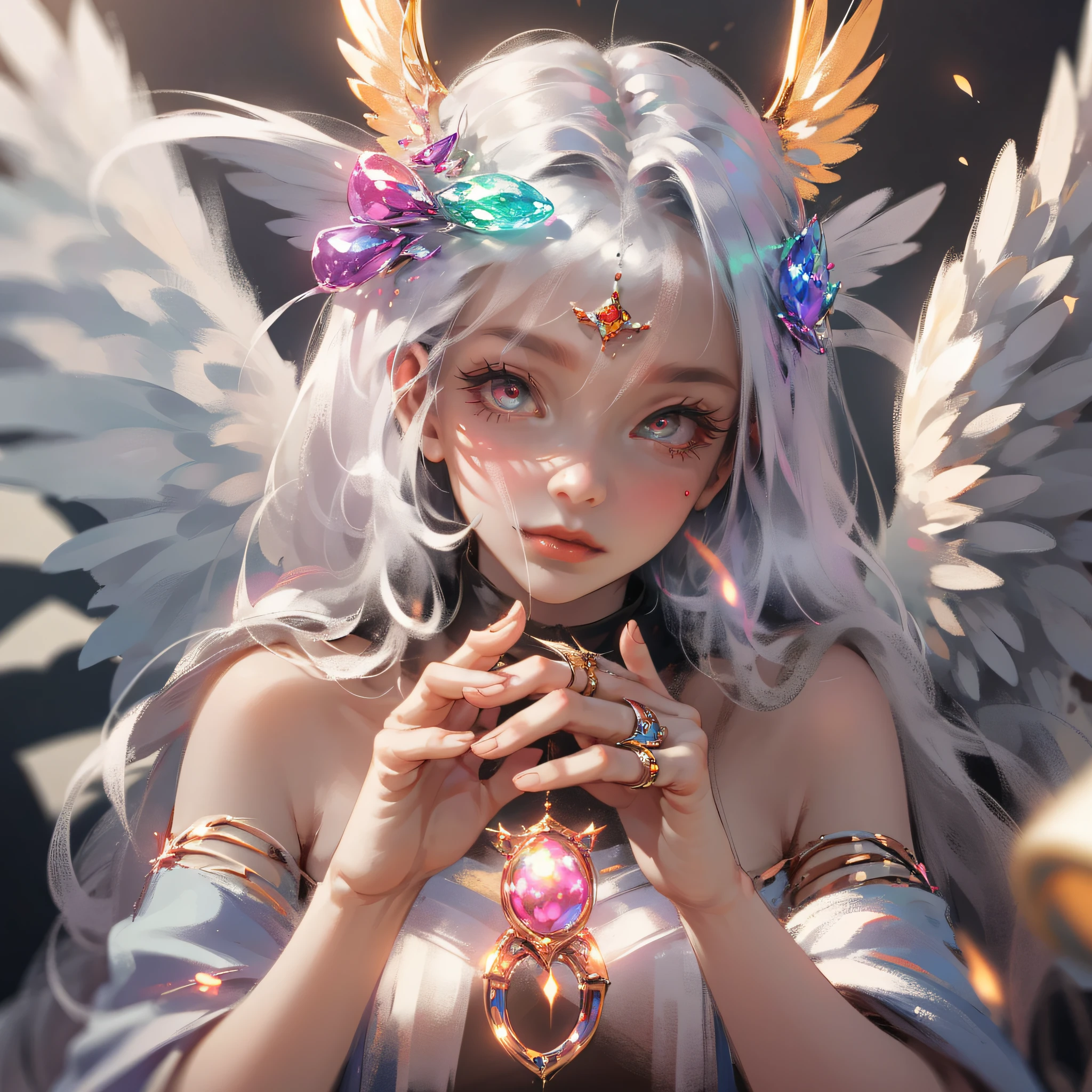 Very cute angel girl,Super detailed face,gem-like eyes,Extra-long white hair,Colorful gradient hair,angel ring,angel wing,full bodyesbian, Perfect 2 arms, Perfect 2 legs, Perfect 4 fingers: 1 thumb, Light light, The sheen, bokeh, super-fine