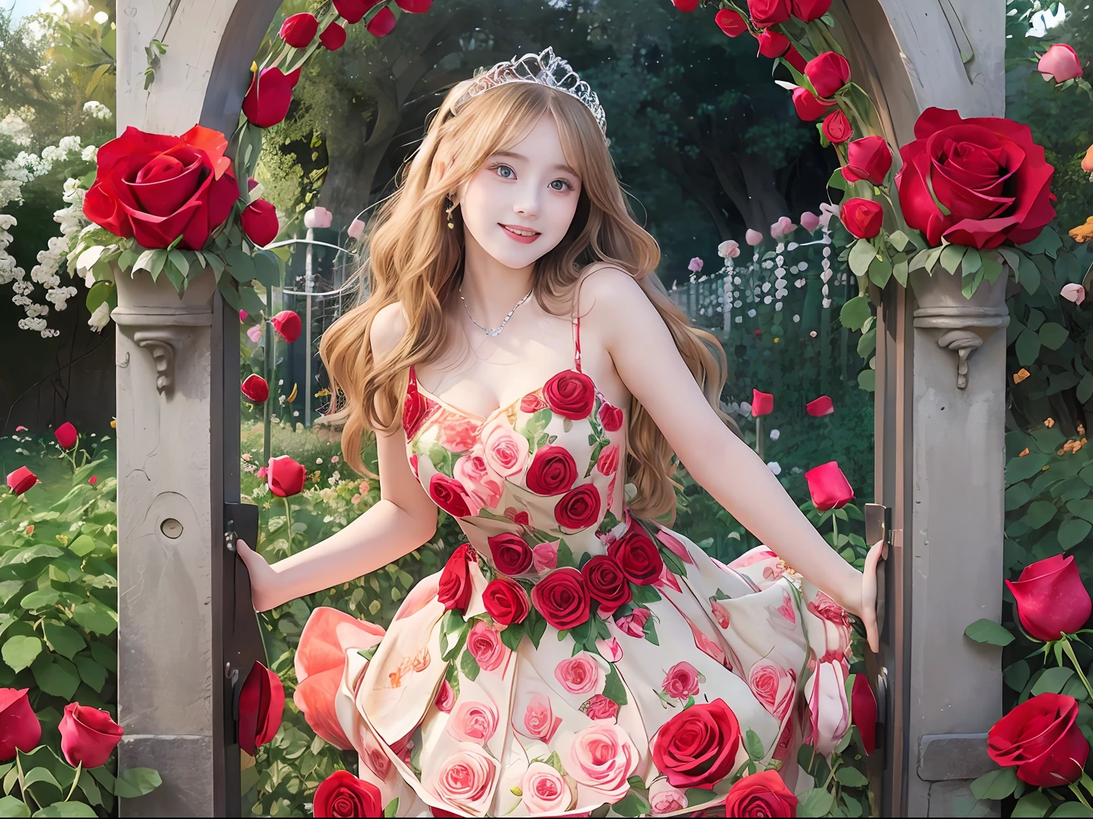 best quality, masterpiece, ultra high res, (photorealistic:1.4), RAW photo,cinematic lighting,a girl,solo,20 years old,big breasts,(detailed beautiful face:1.5),(real skin:1.5),(slender,thin legs:1.3),(big eyes:1.3),(smiling:1.3),(blond wavy hair:1.5),(Princess,gorgeous dress,tiara:1.5),(in garden,arch roses:1.8),(millions of rose flowers:1.5),(gate decorated with roses:1.8),(circle of roses:1.5),