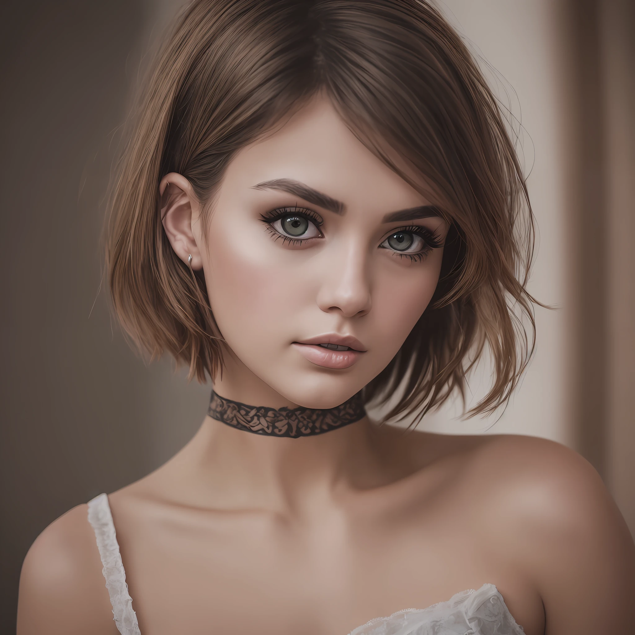(epic detail), A young woman, portrait photography, Refined and beautiful face, Bright make-up, big eyes, Haircut Cesson, Short Hair Hair, 8k raw photo, HDR