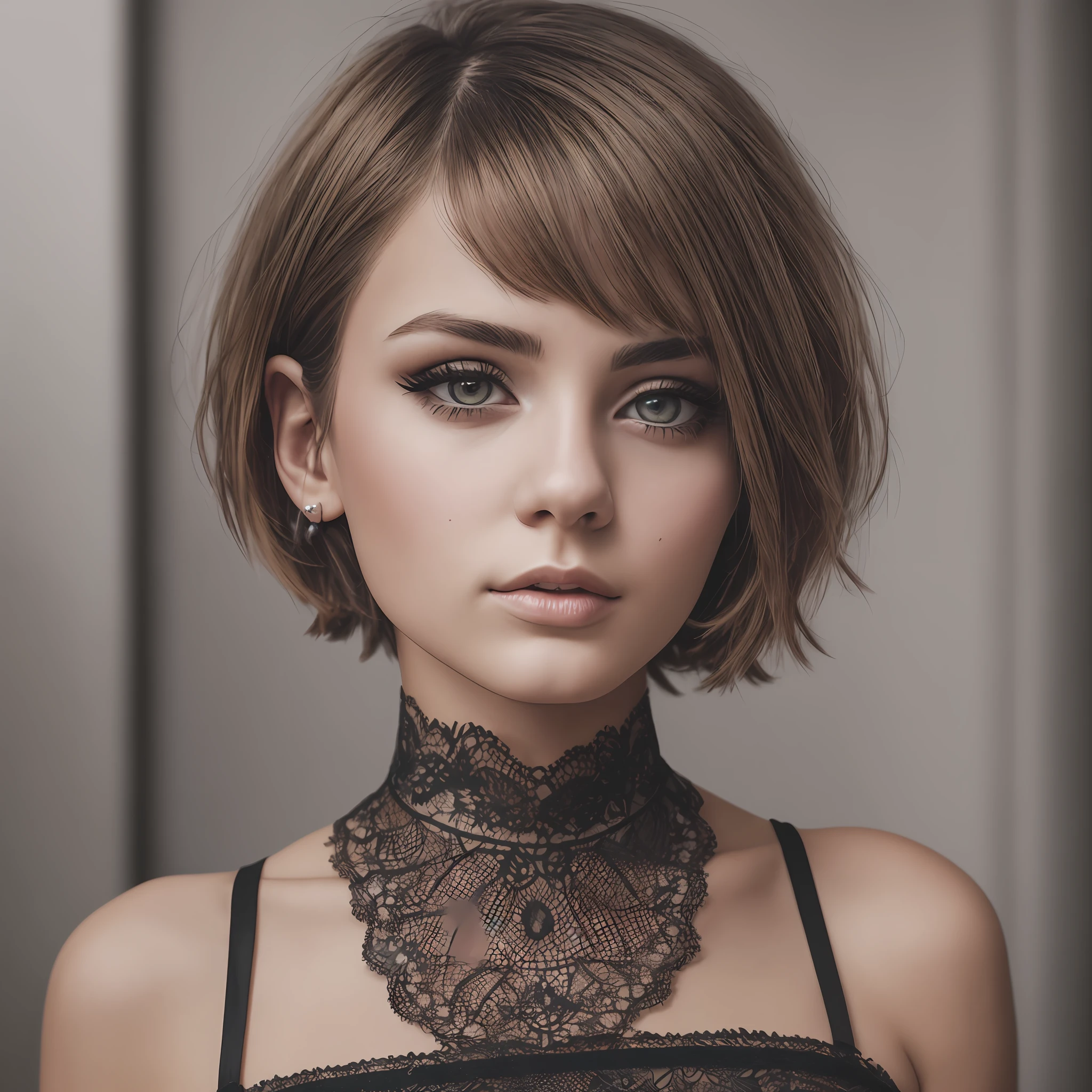 (epic detail), A young woman, portrait photography, Refined and beautiful face, Bright make-up, big eyes, Haircut Cesson, Short Hair Hair, 8k raw photo, HDR