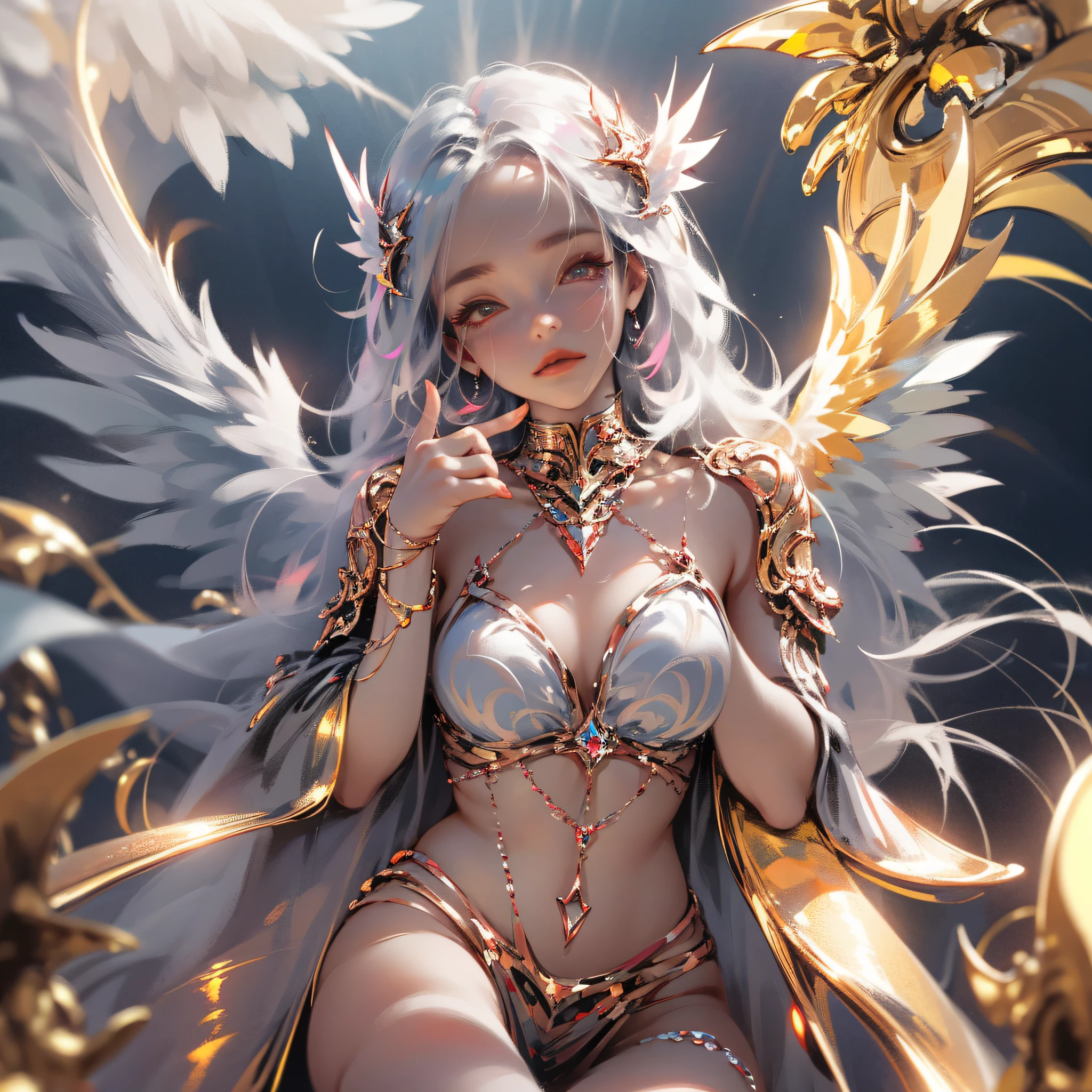 Very cute angel girl,Super detailed face,gem-like eyes,Extra-long white hair,Colorful gradient hair,angel ring,angel wing,full bodyesbian, Perfect 2 arms, Perfect 2 legs, Perfect 4 fingers: 1 thumb, Light light, The sheen, bokeh, super-fine