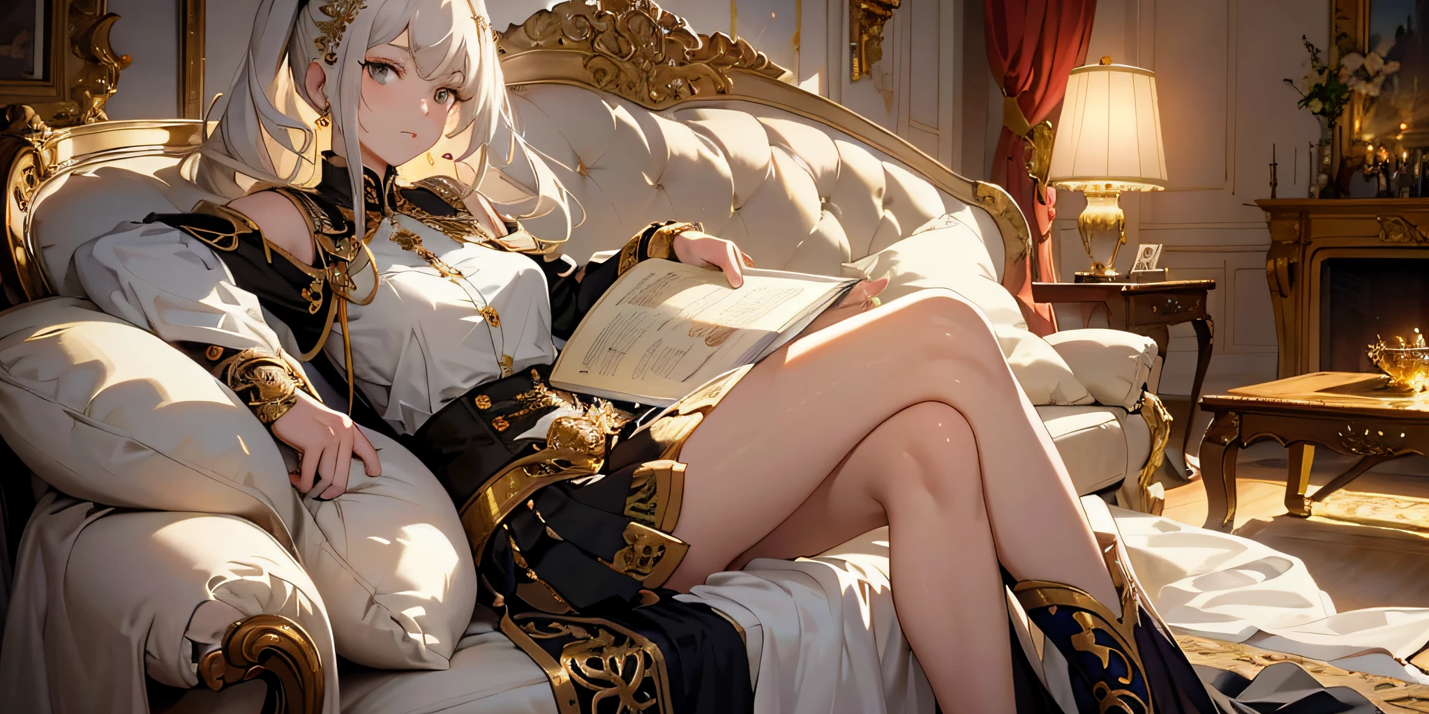there is a woman sitting on a couch reading a book, Guweiz in Pixiv ArtStation, trending on artstation pixiv, Guweiz on ArtStation Pixiv, from girls frontline, Fine details. Girl Front, Kushatt Krenz Key Art Women, Best anime 4k konachan wallpaper, trending on cgstation, Detailed key anime art