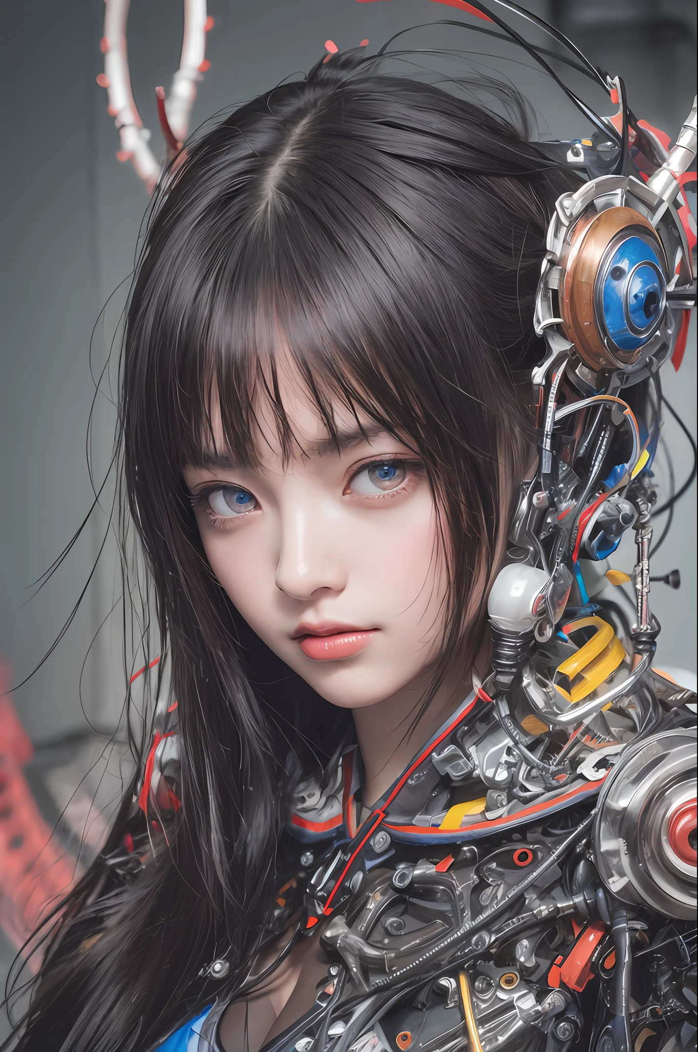 Top Quality, Masterpiece, Ultra High Resolution, (Photorealistic: 1.4), Raw Photo, 1 Girl, Black Hair, Glossy Skin, 1 Mechanical Girl, (Ultra Realistic Detail)), Portrait, Global Illumination, Shadows, Octane Rendering, 8K, Ultra Sharp, Big, Cleavage Exposed Raw Skin, Metal, Intricate Ornament Details, Japan Details, Very intricate details, realistic light, CGSoation trend, purple eyes, glowing eyes, facing the camera, neon details, mechanical limbs, blood vessels connected to the tube, mechanical vertebrae attached to the back, mechanical cervical attachment to the neck, sitting, wires and cables connecting to the head, gundam, small LED lamps,
