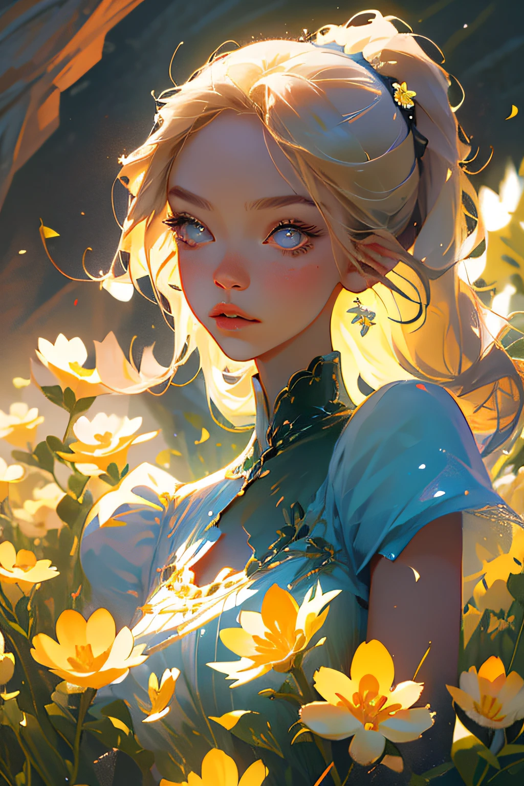 (best quality, masterpiece), 1girl, pose, particle, wind, flower, upper body, simple background, looking at viewer, focus on face, blonde,