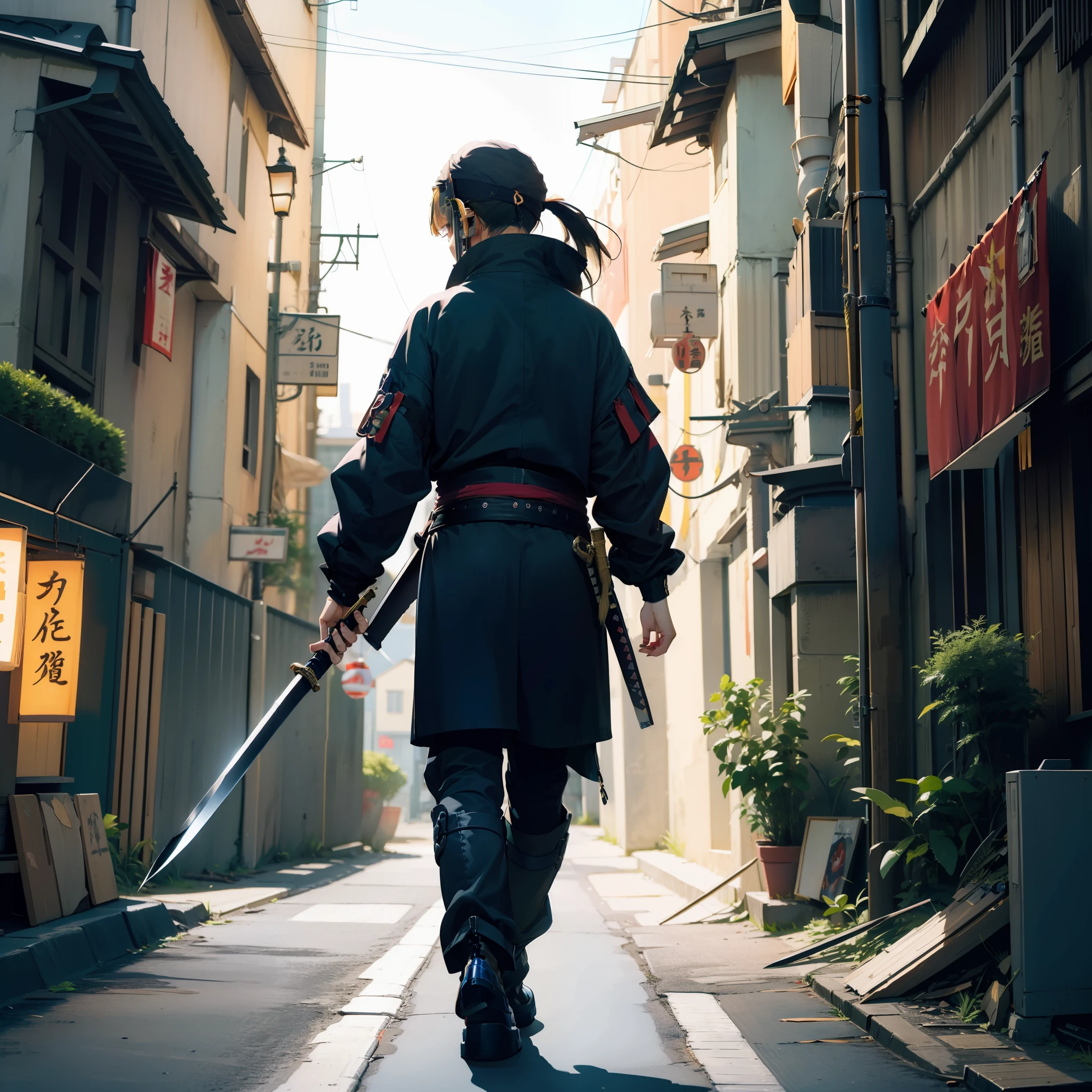 top-quality、masterpiece、Hi-Res、(High Detail Skins:1.2)、8K UHD、Digital SLR、Soft lighting、hightquality、volume illumination、Frankness、a picture、hight resolution、4K、8K、Samurai、Weapon Bearer、Japanese Katana Sword、Back alley、rubble、Building Street、cyberpunked、Holding a sword in your hand、Blade sword、Satsuma shows the flow、Spider Posture、、Composition from the front