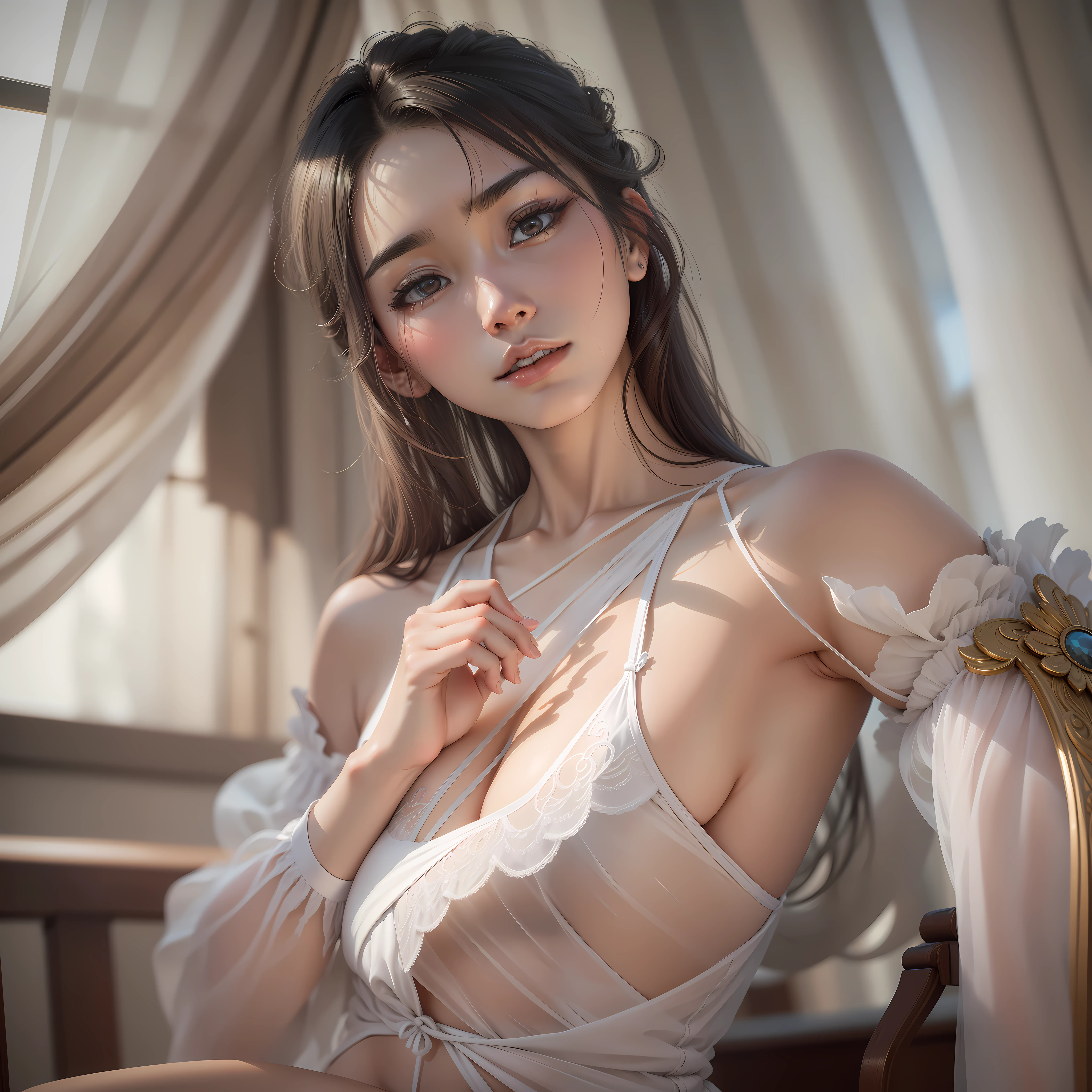 8K，best qualtiy，Master masterpieces，，Realistis，Hyper-detailing，photograph realistic，Ultra photo realsisim，Smoother lighting，increase cinematic lighting quality，realistic illumination，The light from the back window is backlighted，Brighten light，enchanced quality，Best quality real textured skin， closeup cleavage， Slim， cute  face， Sorissos，， beatiful detailed eyes， 19 years old South Korea， prette， Half top and half bottom，Castanhos escuros， shift dresses，full bodyesbian，semi transparent，Close-up of a woman posing for a photo in a white translucent dress, Sexy girl, Beautiful Asian girl, Asian girl, Japanese goddess, gorgeous chinese models, Beautiful asian woman, Japanese model, Chinese girl, Asian woman, Japanese, An Asian woman, Korean woman, Asian women, Korean girl, Sexy pose, elegant seducing pose, beautiful Korean women，