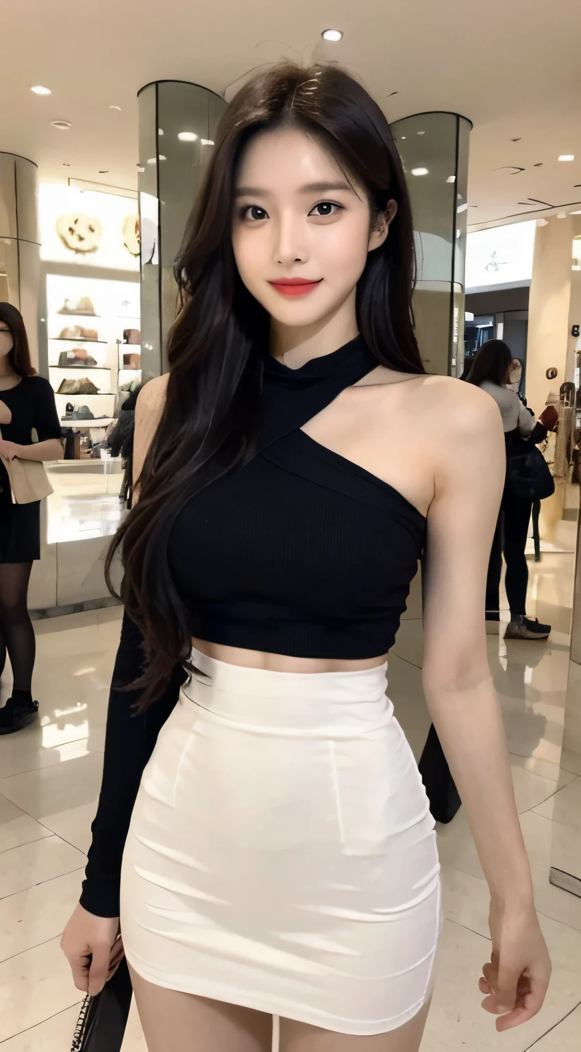 A woman in a black top and white skirt posing for a picture - SeaArt AI
