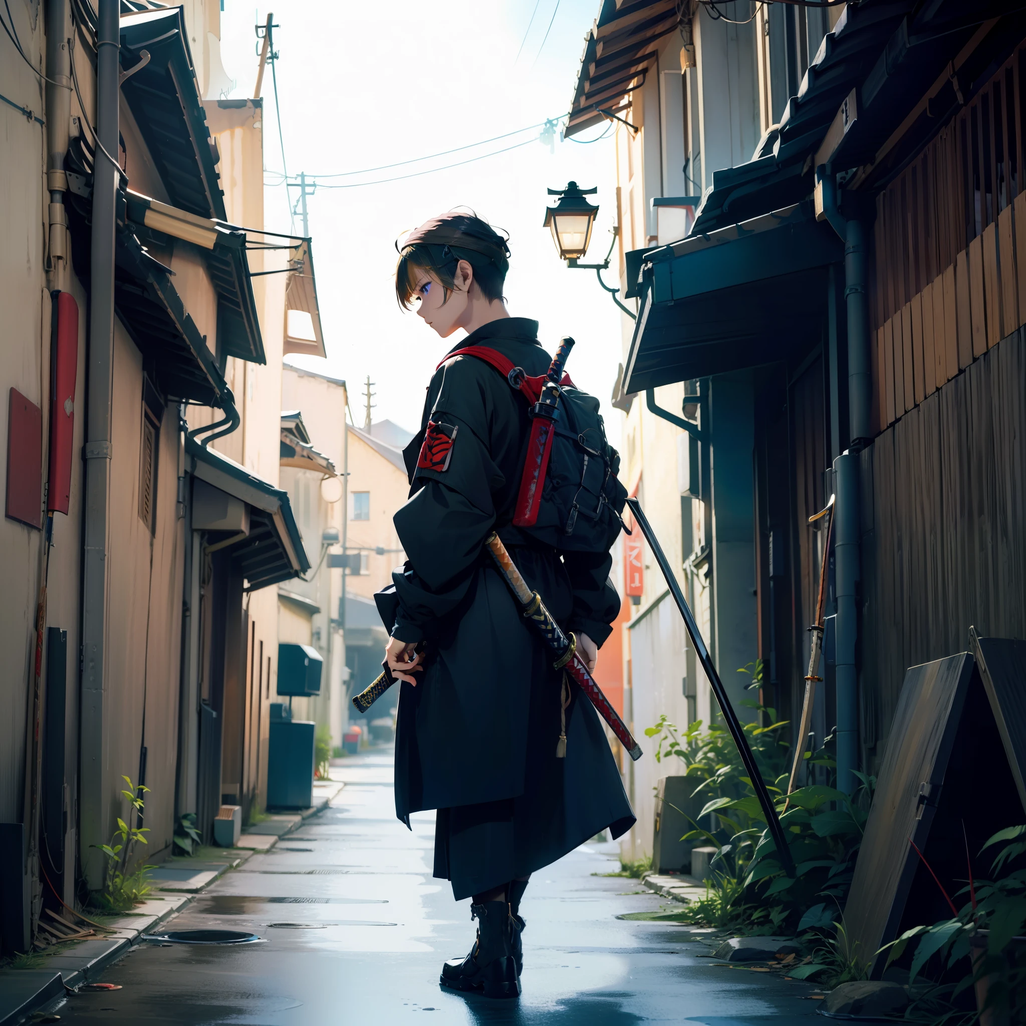 top-quality、​masterpiece、Hi-Res、(High Detail Skins:1.2)、8K UHD、Digital SLR、Soft lighting、hightquality、volume illumination、Frankness、a picture、hight resolution、4K、8K、Samurai、Weapon Bearer、Japanese Katana Sword、Back alley、rubble、Building Street、cyberpunked、Holding a sword in your hand、Blade sword、Satsuma shows the flow、Spider Posture、、Composition from the front