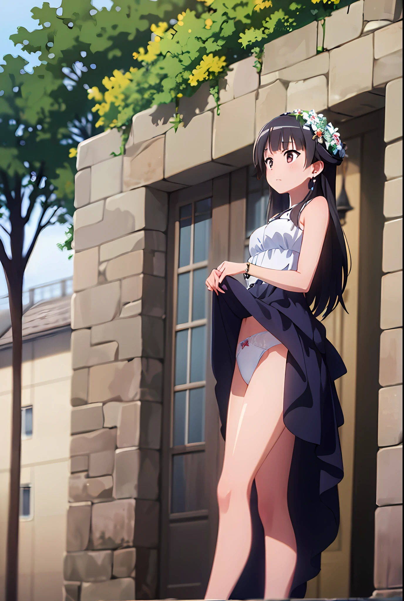 uiharu_kazari, (8K, RAW photo, Best quality, Masterpiece:1.2),
jewelry, Bracelet, day, Solo, Cloud, horizon, Long_Hair, Outdoors, (dress lift:1.2),White panties,The best quality, Masterpiece, castle wall,