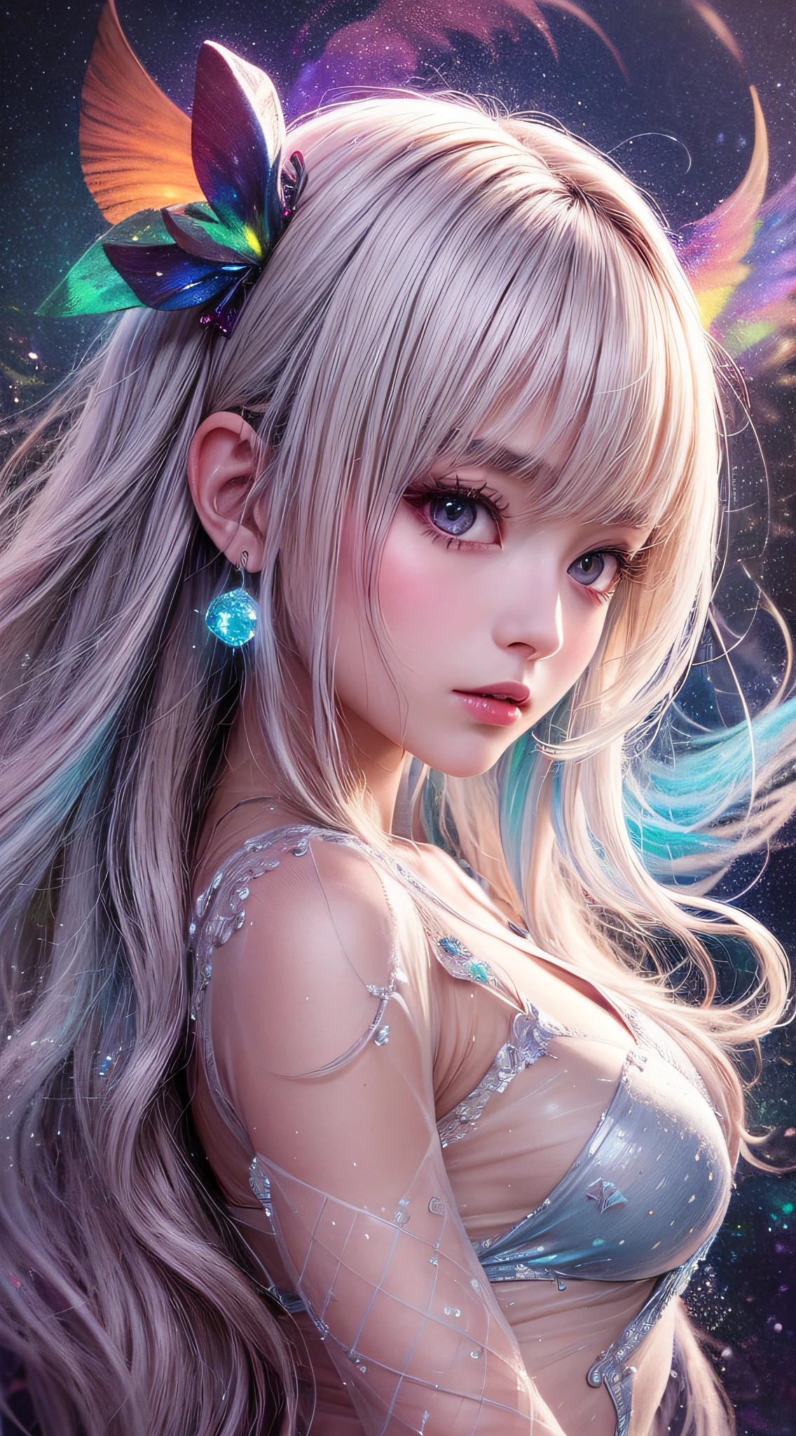 Beautiful girl story wrapped in love, Beautiful eye details, A captivating anime girl gracefully emerges from the pages of a watercolor painting, Her vivid and complex colors are, Bring your artwork to life, (see-through transparent clothes, transparent costume:1.5), She dons an extraordinary fantasy costume adorned with delicate details, reflecting the enchanting world she inhabits, Luminescent elements, like glowing crystals and ethereal wisps, surround her, casting a soft, otherworldly glow, The style of watercolor painting is、Imbues the image with a sense of fluidity and delicacy, as if the colors are effortlessly blending and bleeding into one another, Camera shot: medium shot, Soft Focus, luminescent glow Lighting, watercolor brushstrokes, Sophisticated and very delicate anime illustration, unique colors, Portrait of an anime girl, infinite love, rainbow-colored, beautiful girl illuminated by seven colors of light,