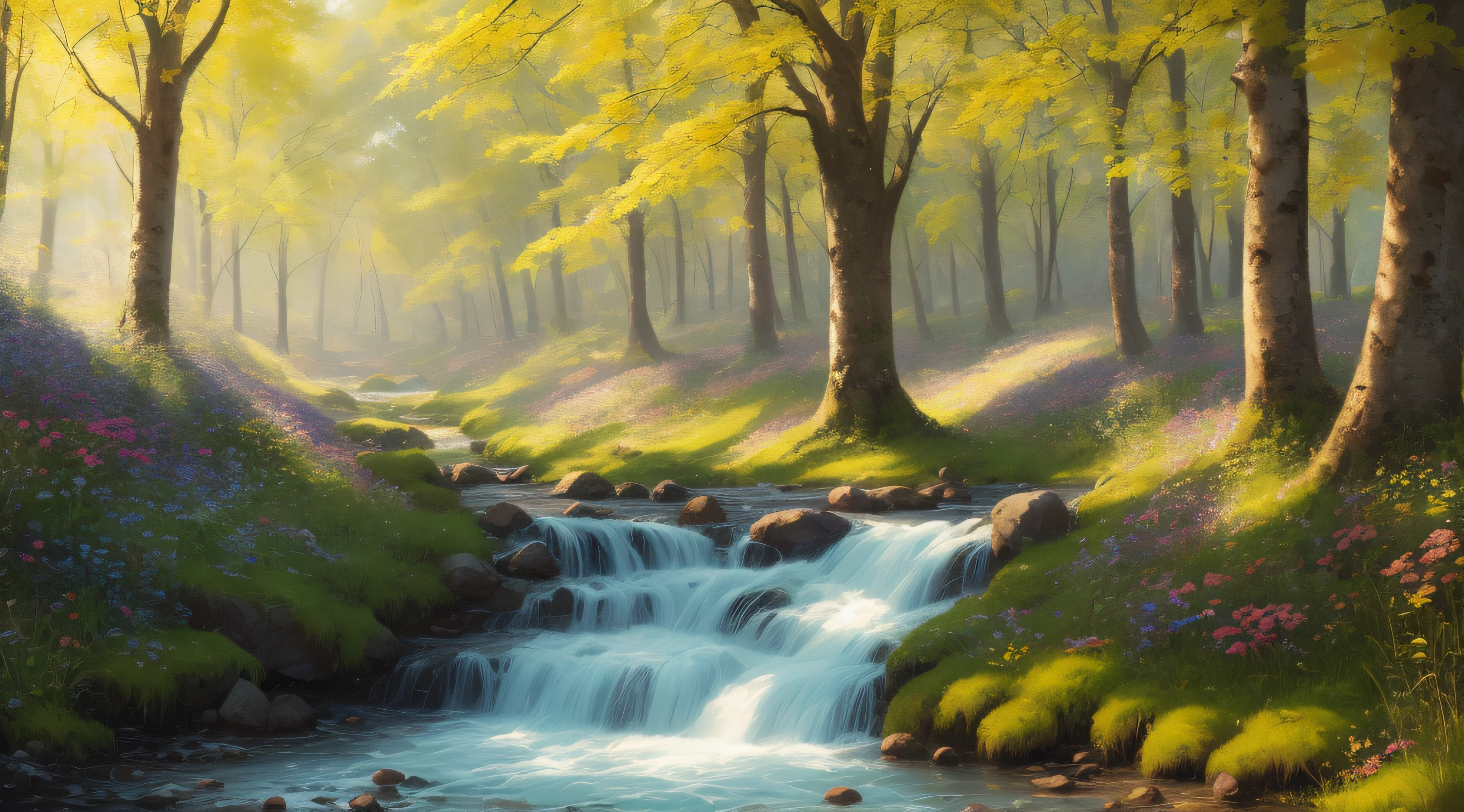 blue sky, stream, sunshine, summer meadow, trees, forest, oil on canvas, bright, sunny, colorful, summer day, ethereal, wall paper, hyper detailed, 32k resolution, ultra quality, maximalist, narrow depth of field, golden hour, concept art, detailed matte painting, trending on artstation, CryEngine, Unreal Engine