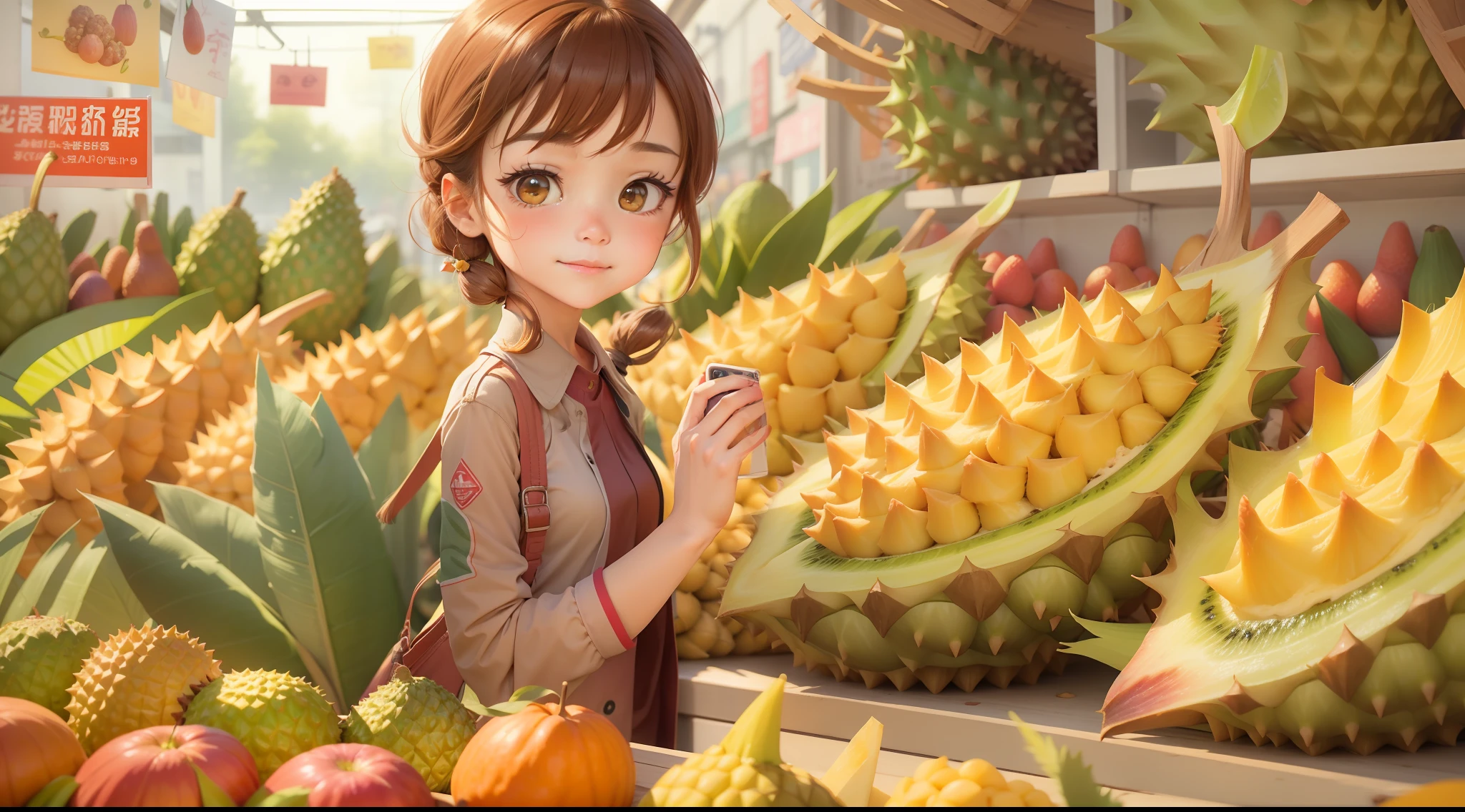 （Best quality at best），ultra - detailed，In the daytime，In a vibrant fruit shop，Colorful fruits are on display，Crowded。A pretty girl，Long brown hair，A couple of durians on the table，The girl effortlessly cuts a durian with her bare hands。A woman passes by，Notice her，Pixar comic book style