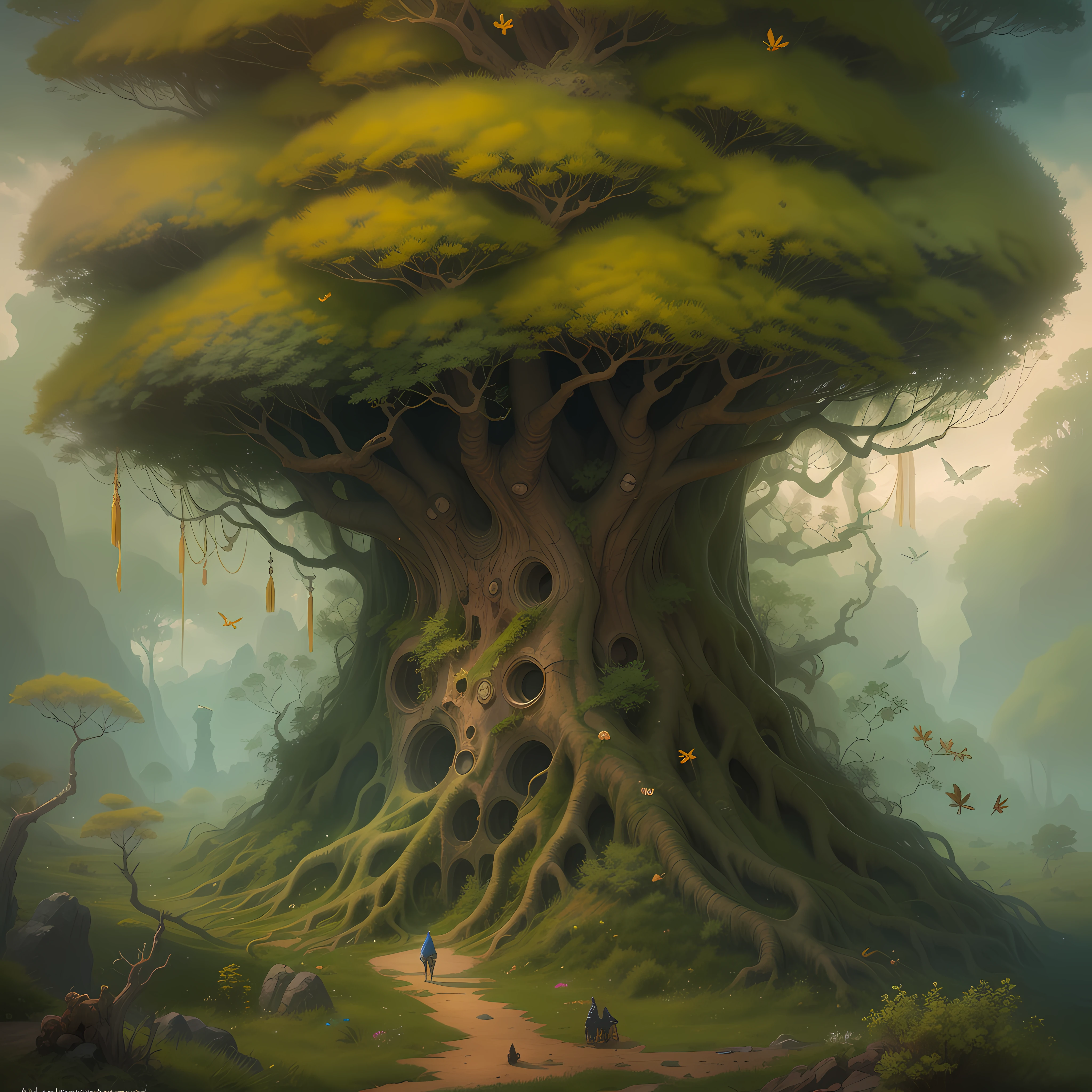 In a mythical and enchanted jungle, un aventurero solitario se encuentra en medio de un paisaje surrealista y de otro mundo. Millenary trees stretch into a sky painted in ethereal tones, mientras que la flora fosforescente ilumina el suelo de la selva, guiando el camino del explorador. mistic, oniric, surrealista, genial, luminiscente, ethereal, flora y fauna intrincadas, magica, Surreal lighting, viaje solitario, mythical creatures, ambiente de otro mundo. The fantastic worlds of Hieronymus Bosch, Salvador Dalí's Surrealism, los encantadores paisajes de Hayao Miyazaki, las cautivadoras ilustraciones de personajes de Artgerm y los ambientes oscuros y misteriosos de Zdislav Beksinski. Renderizado muy detallado, Mild and atmospheric effects, Sharp focus in the browser, Unreal Engine 5 para efectos de otro mundo, Contrasting warm and cool colors to emphasize magical elements.