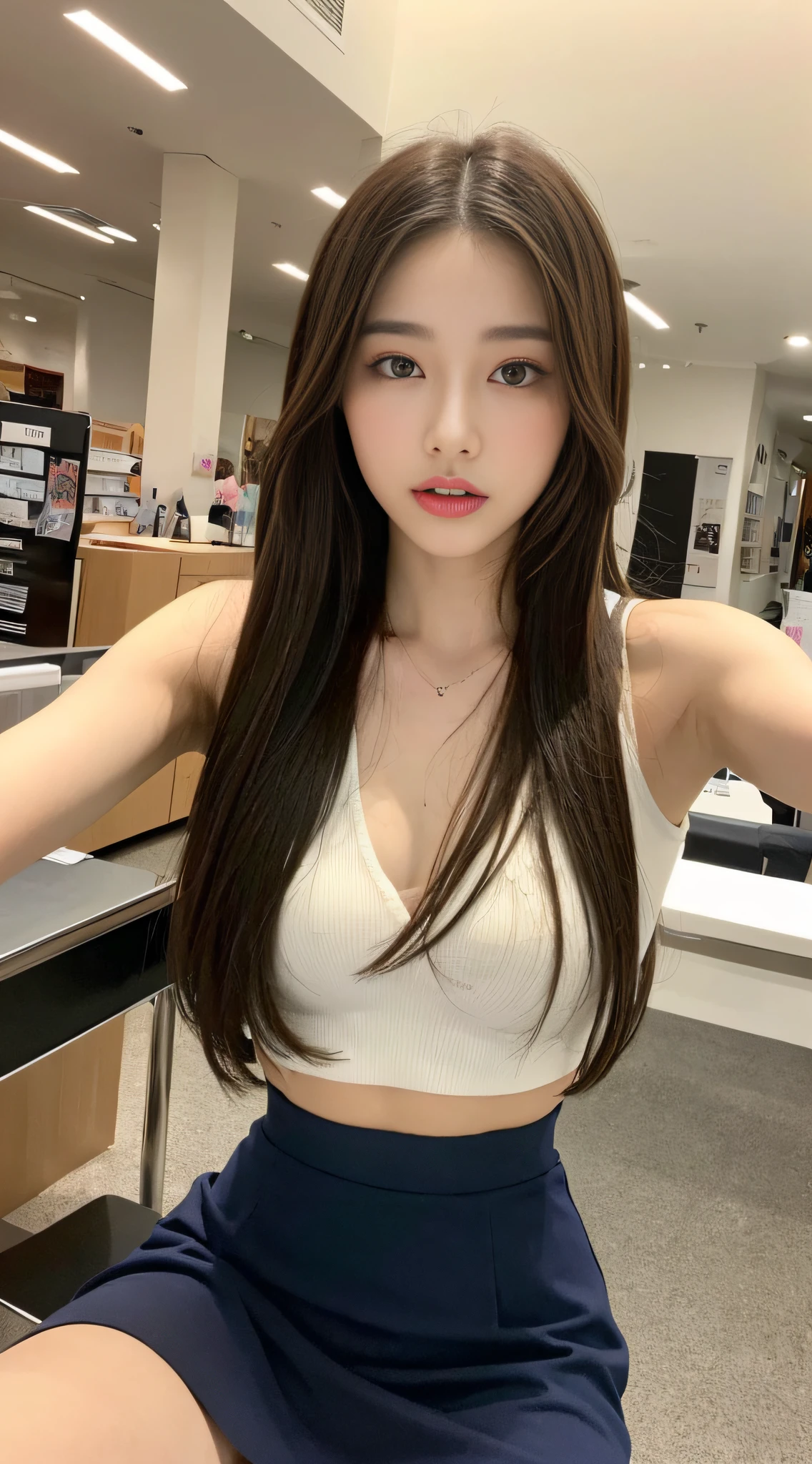 1 girl with a perfect body, Super fine face and eyes,long whitr hair,a skirt, Chest leakage,The right shape for humans,二重まぶた,Harnes,Shopping