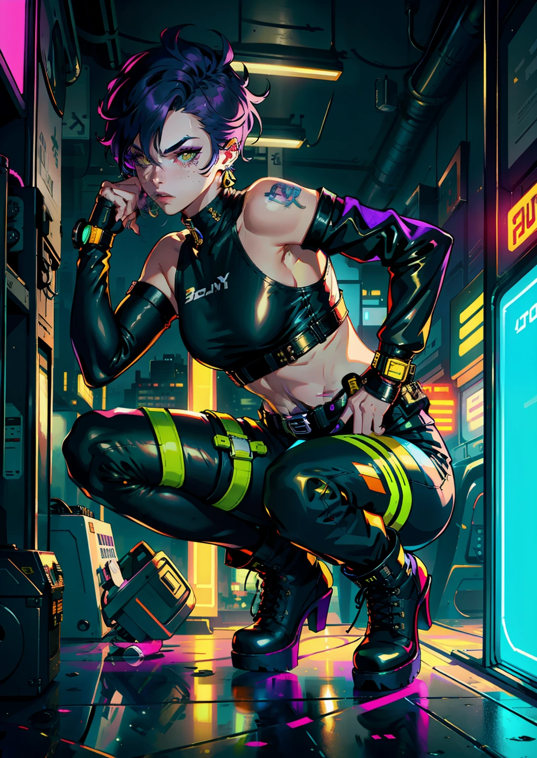 1boy,solo,colorful,yellow eyes,cyberpunk,city,peace sign,earrings,purple hair,eye patche,freckles,prothesis,mechanic,neon,beautiful lighting,purple reflection,cap,smoking,character focus,cg illustration,bust shot,yellow and black outfit,brown hair, tomboy, makeup , full body , long boots , heels, gatner belt, short top, sockings, model pose