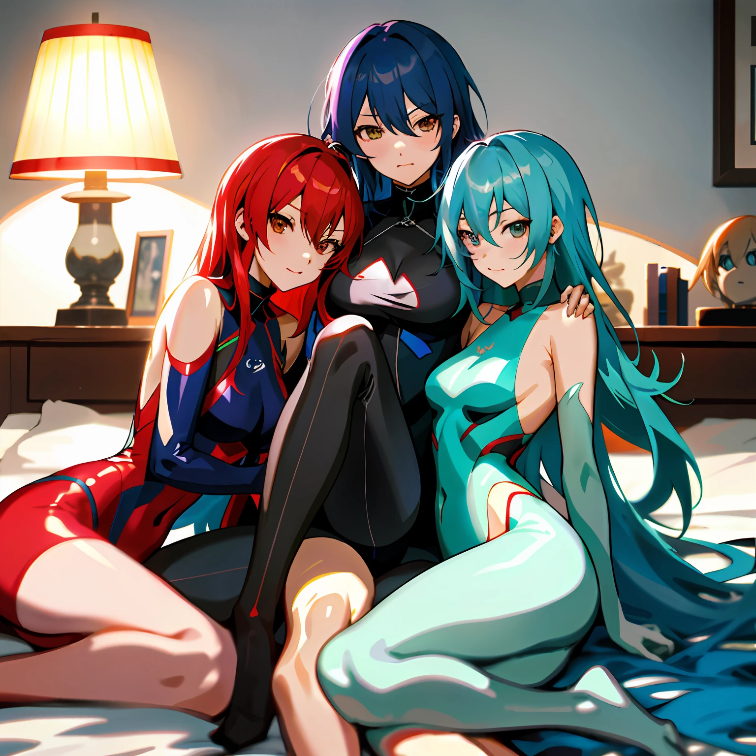 Three women in lingersuit suits sitting on a bed with a lamp, garotas de anime, estilo anime ?????, Personagens de Azur Lane, ?????, pixiv 3dcg |, Estilo de pista Azur, Guweiz em Pixiv ArtStation, Do videogame Azur Lane, Wlop e Sakimichan, Guweiz em ArtStation Pixiv |, flesh, ?????,?????,exposed, skin