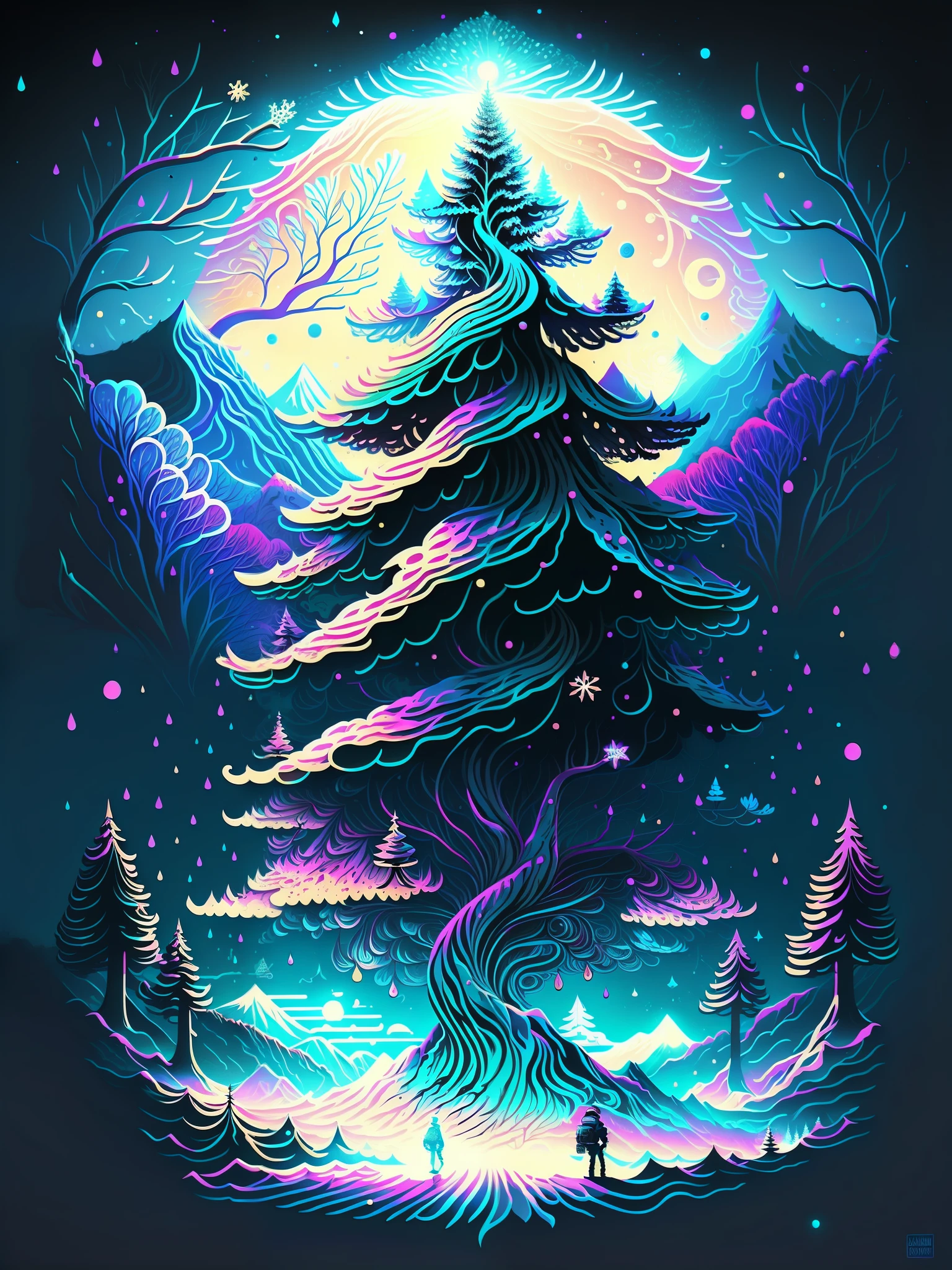 HD perfect illustration：cosmic tree，peaceful night，Pine trees in the snow，Digital illustration of unique winter concept art，Inspired by the work of Christopher Balaskas，Twinkling snowflakes and shining light on the environment，Mountain pines stand in the vast landscape，The back of the character，The value of life lies in illuminating each other。