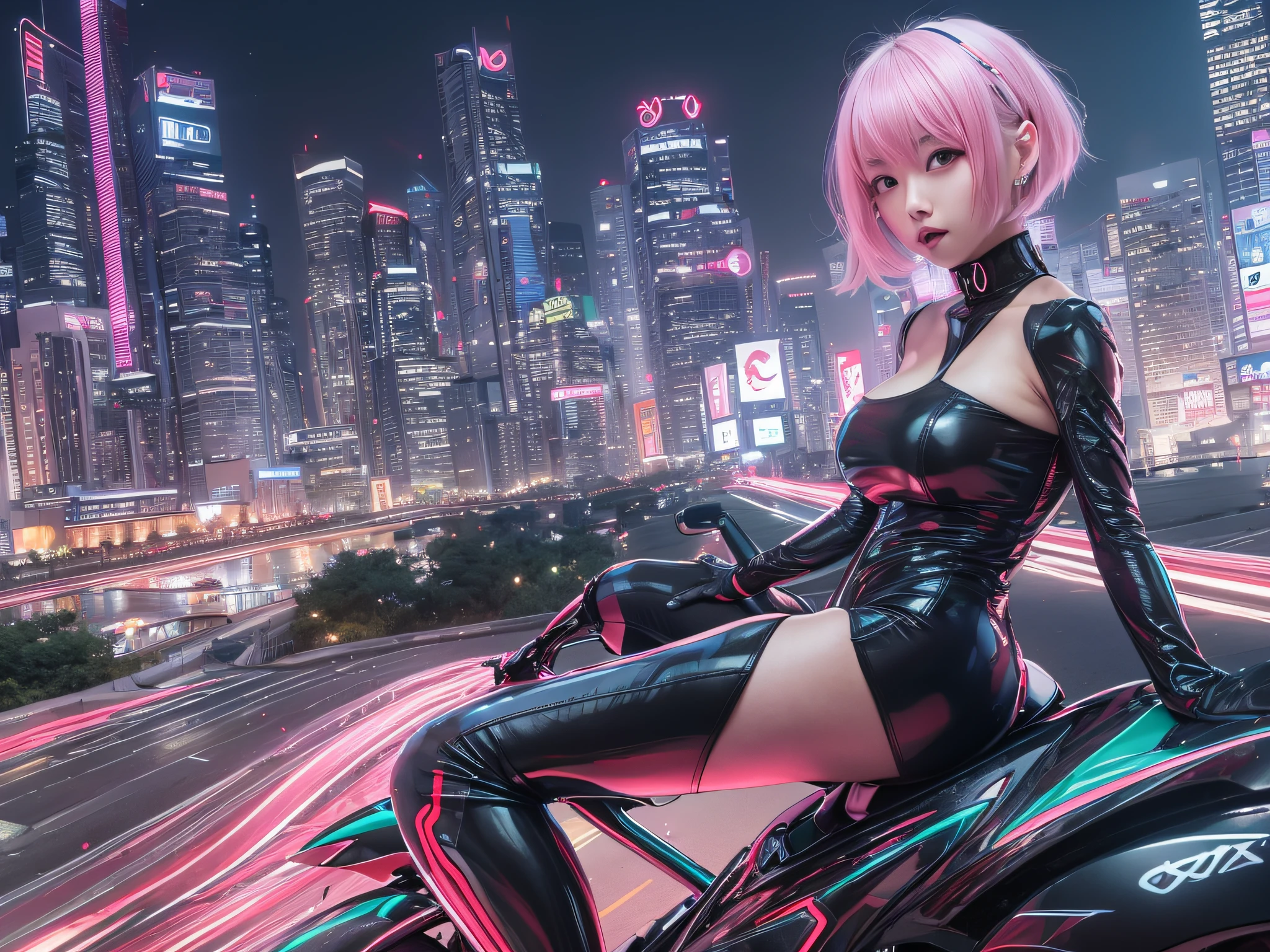 top-quality、超A high resolution、女の子1人、Futuristic bodysuit、Black Choker、(huge-breasted:1.2)、high-heels, Riding on a futuristic motorcycle, Pink short hair, Upper body black swimsuit, Photo, The background is the evening city,Live action,japanes,独奏,beautiful expression,Wearing black stockings,highrise buildings