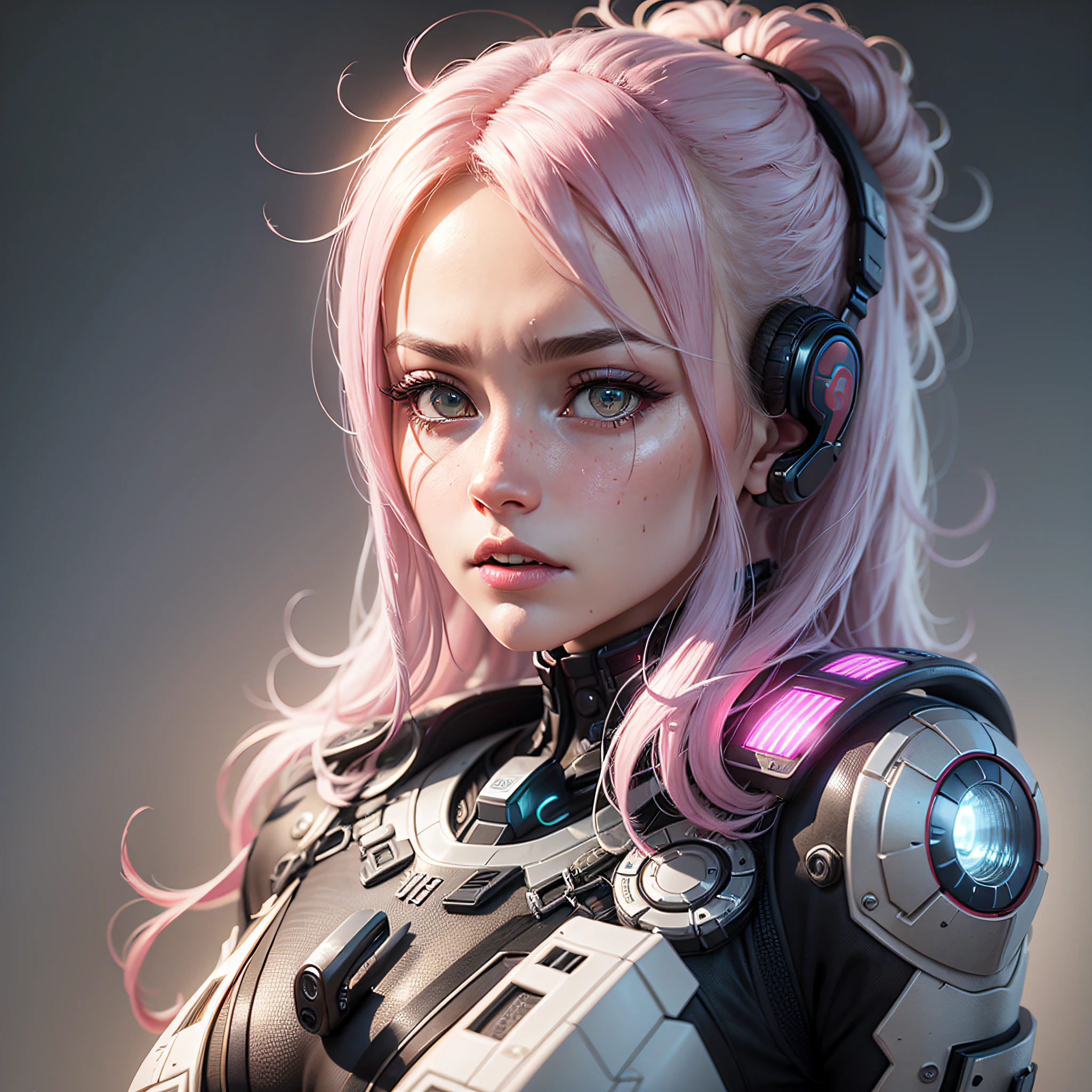((best qualtiy)), ((tmasterpiece)), (the detail:1.4), 3D, A beautiful cyberpunk female image,HDR(HighDynamicRange),Ray traching,Pink and white clothing,NVIDIA RTX,Super-Resolution,Unreal 5,Subsurface scattering、PBR Texture、post-proces、Anisotropy Filtering、depth of fields、maximum definition and sharpness、Many-Layer Textures、Albedo e mapas Speculares、Surface Coloring、Accurate simulation of light-material interactions、perfectly proportions、Octane Render、Two-colored light、largeaperture、Low ISO、White balance、the rule of thirds、8K RAW、cyborg fashion model, Put on futuristic combat gear,Best picture quality,Fierce expression, --auto