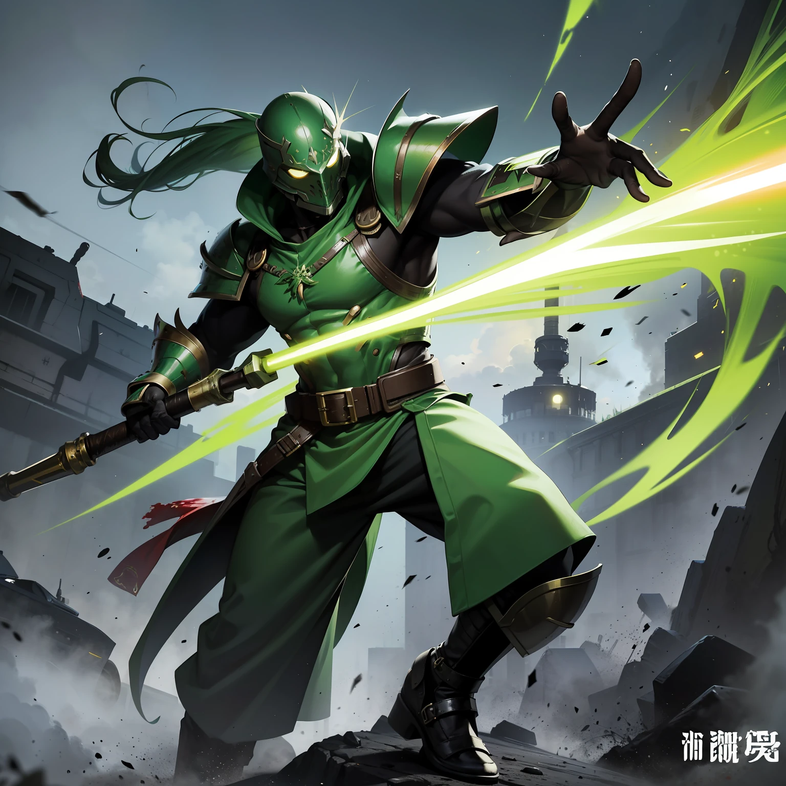 Spawn an intergalactic warrior wearing green armor,He held a huge scythe in his hand,There are tanks passing by,He swung his scythe at the monster in front of him,Green poisonous gas pervaded the battlefield,Blood splattered。 --auto