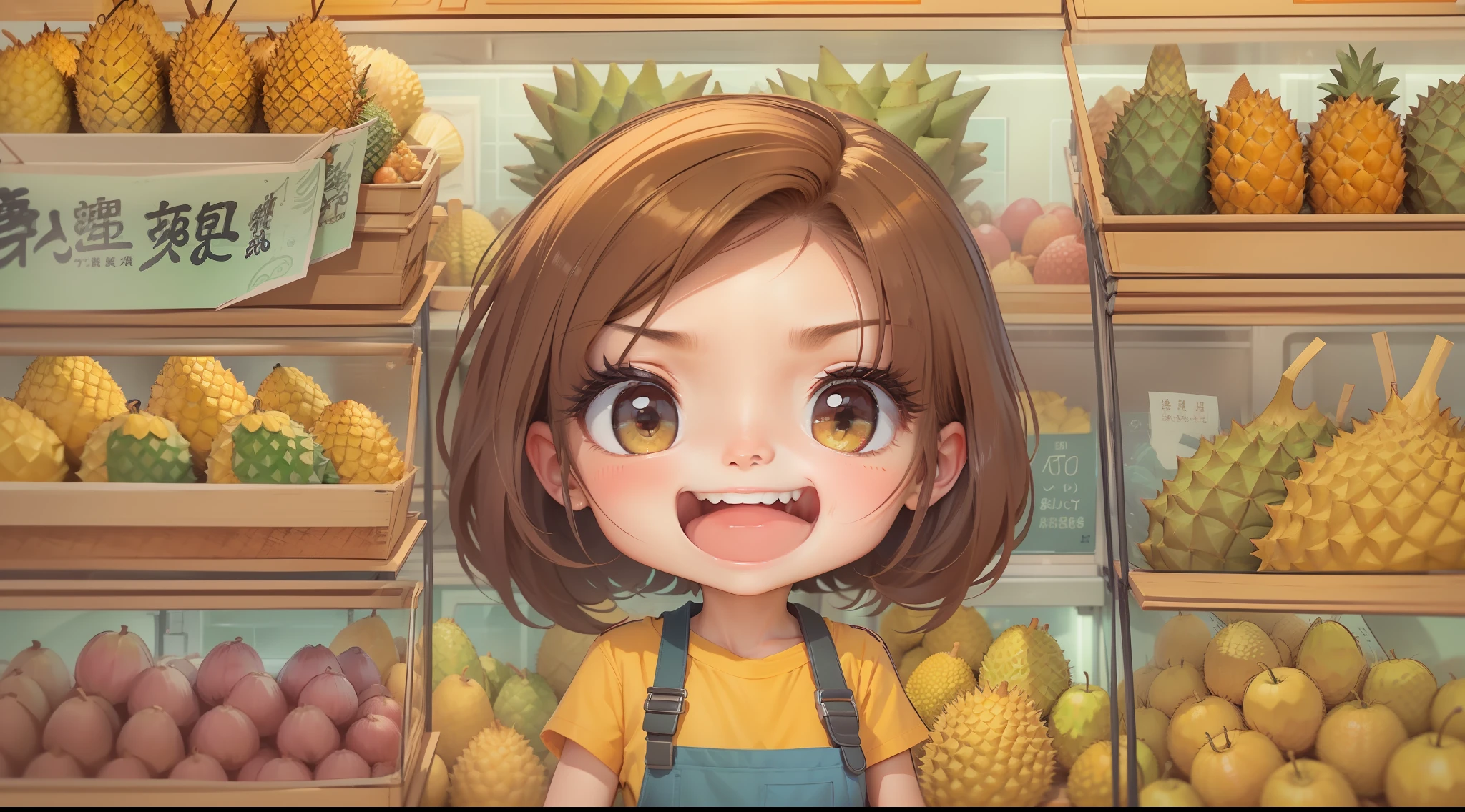 （Best quality at best），ultra - detailed，In the daytime，In a vibrant fruit shop，Colorful fruits are on display，Crowded。A pretty girl，Long brown hair，A couple of durians on the table，The girl effortlessly cuts a durian with her bare hands。A woman passes by，Notice her，Pixar comic book style
