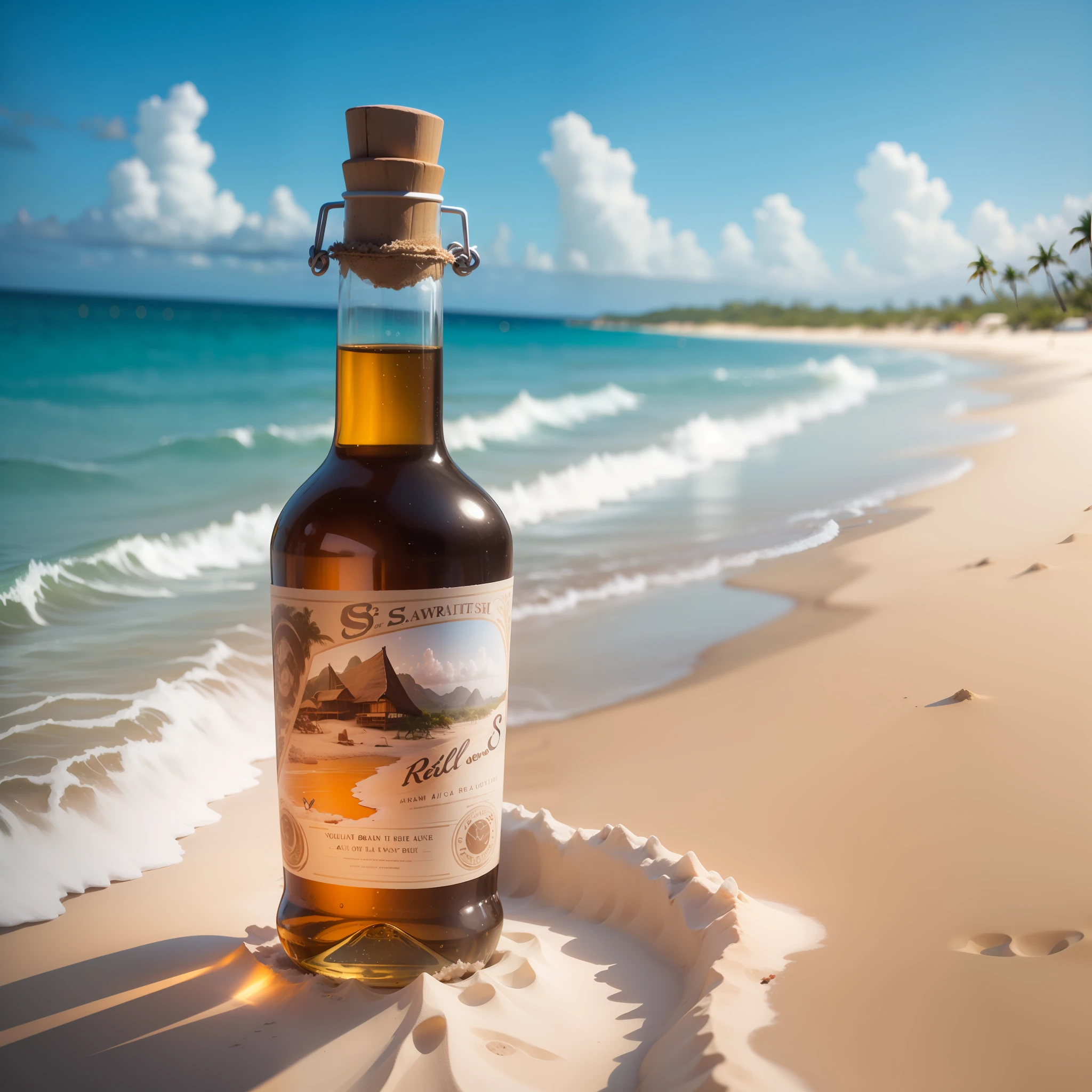 a bottle of rum in white sand beach --auto --s2