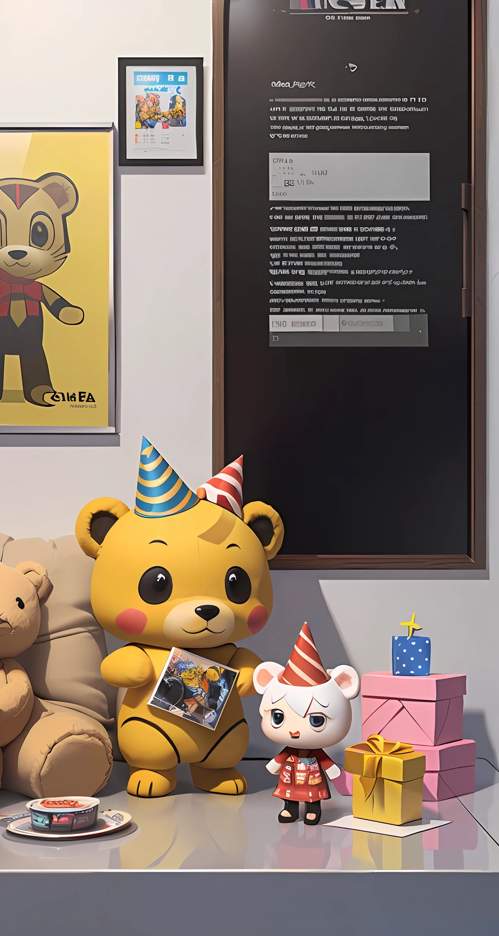 Plush toy with diamond necklace and gold jewelry，Wearing a birthday hat, cute big breasts，abstracted，Colorful diamonds fly all over the sky，Wearing gold armor, there are high-grade gift boxes stacked next to it， 3 d rendered, Detailed 4K rendering, super detailed render, realistic cinema 4 d render, fully detailed render, cinema 4d cinematic render, octane cinema 4d render, octane cinema 4 d render, cinema4d render, cinema 4 d render, cinema 4d render, highly detailed render