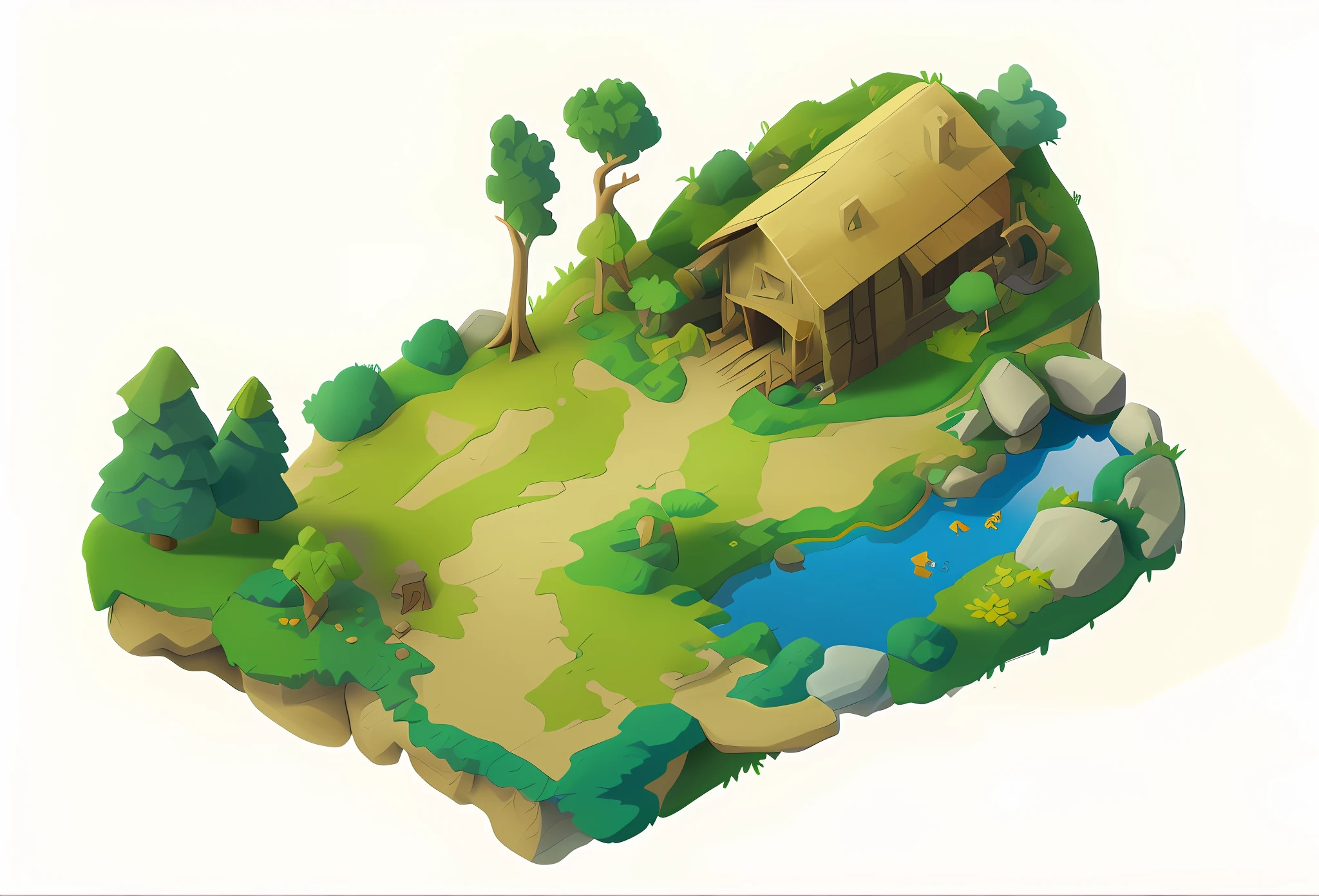 Alaferd's house is on a small island，There are streams and trees, isometric 2 d game art, isometric game asset, Stylized game art, isometric game art, Stylized concept art, 3 d render stylized, Isometric 3d fantasy cute house, 2d game environment design, stylized as a 3d render, stylized 3d render